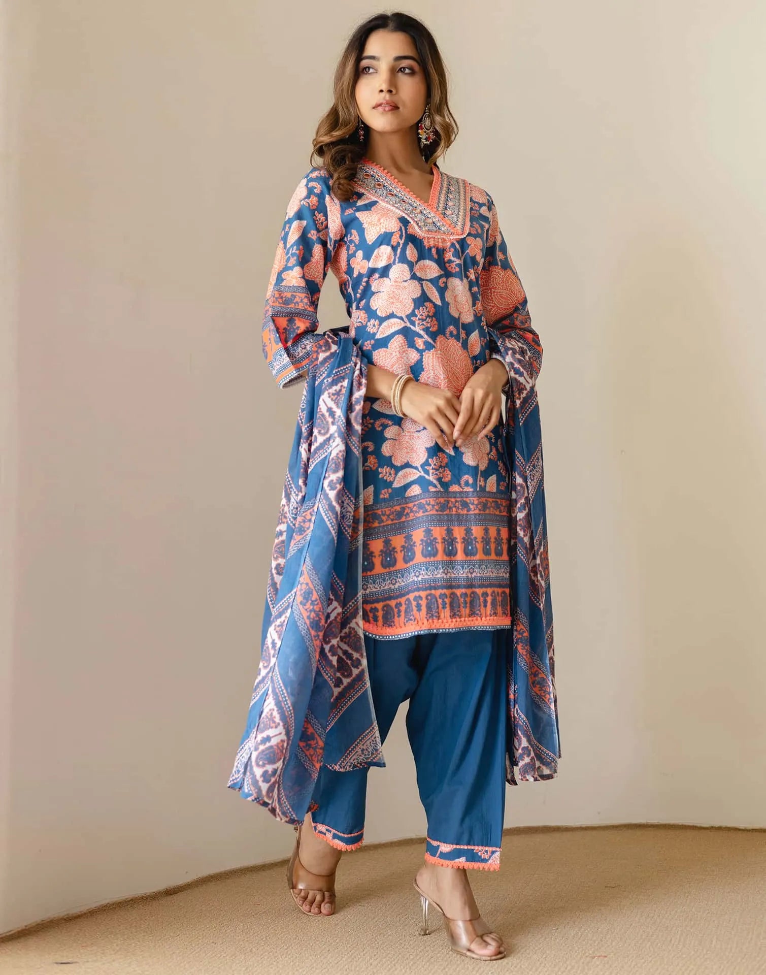 Affordable Blue Cotton Printed Straight Kurta Set with Patiala & Dupatta under 999