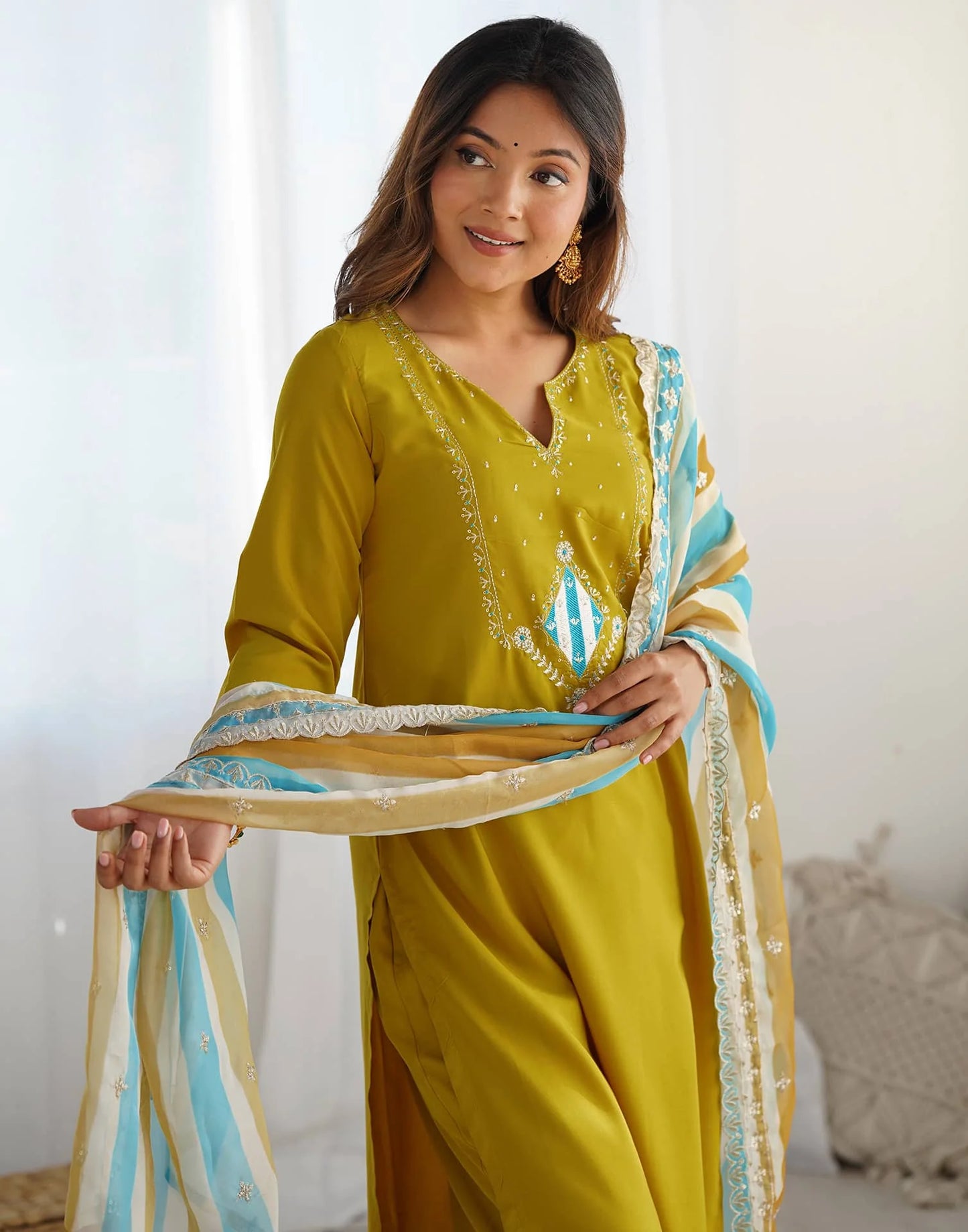 Silk Embroidery and Sequin Work Straight Kurta with Pant & Dupatta