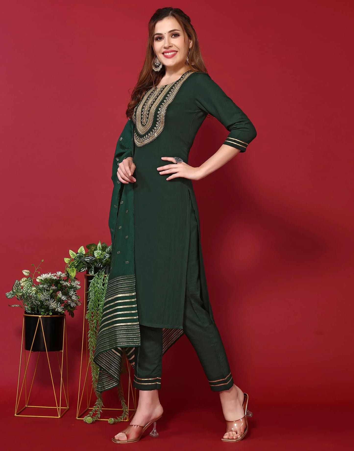 Green Cotton Embroidered Straight Kurta Set with Pant & Dupatta