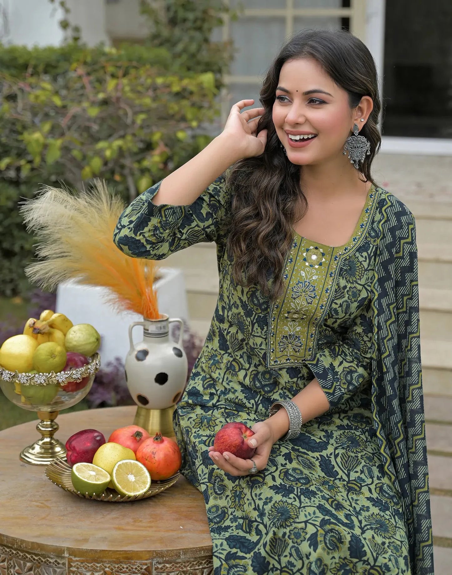 Cotton Embroidered Round Neck Straight Kurta with Pant & Dupatta