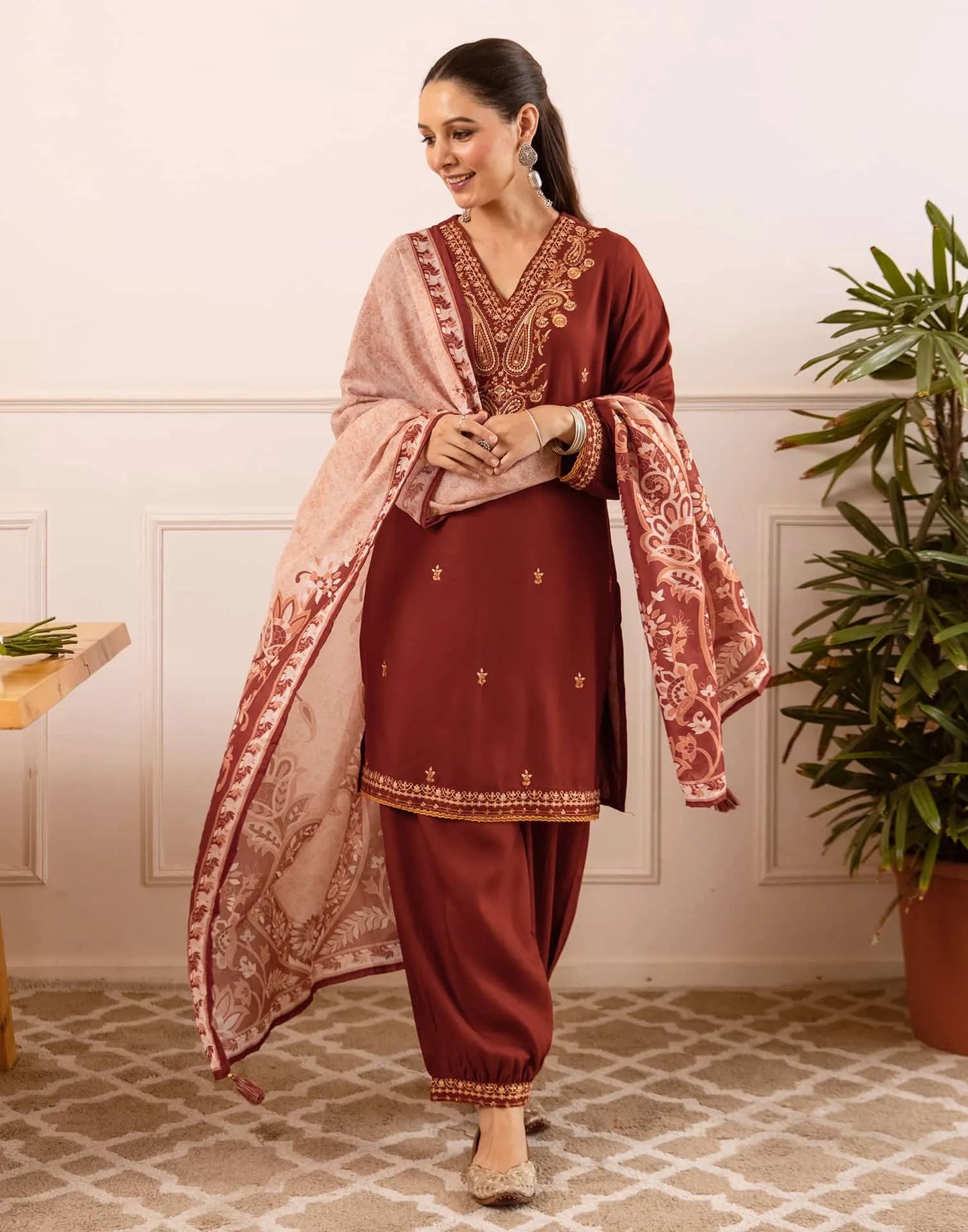 Rayon Straight Embroidery V-Neck Kurta with Pant & Dupatta