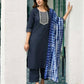 Cotton Blend Embroidered Straight Kurta with Pant & Dupatta