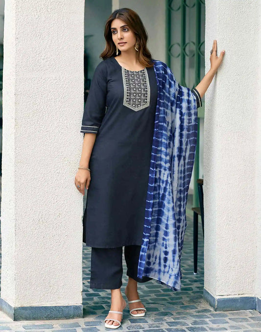 Cotton Blend Embroidered Straight Kurta with Pant & Dupatta