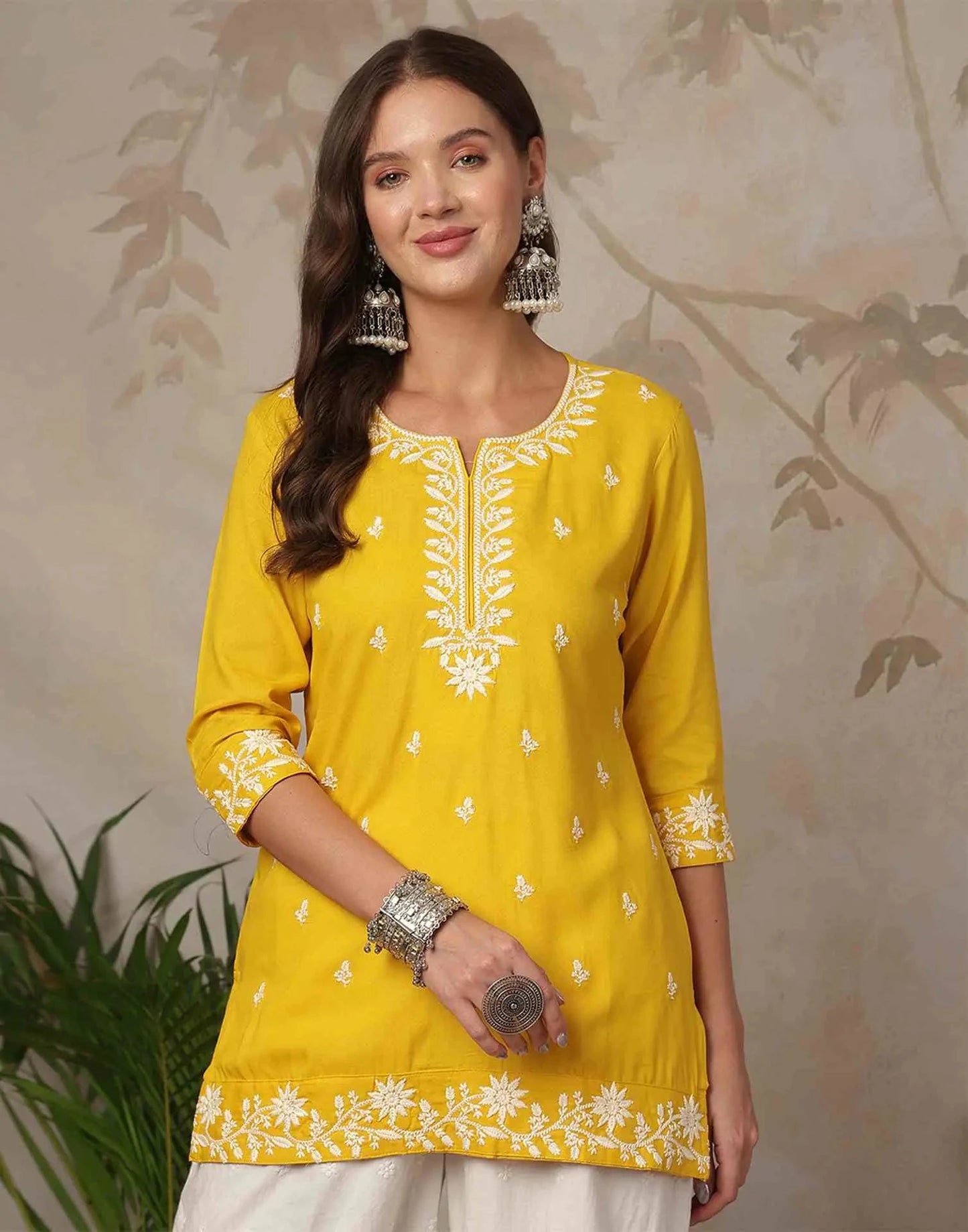 Rayon Chikankari Straight Round Neck Short Kurti