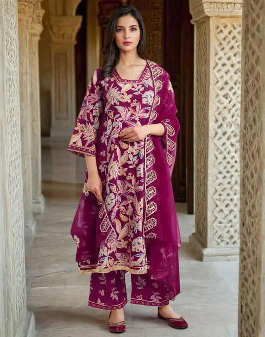 Maroon Cotton Printed Anarkali Kurta Set with Square Neck, Pant & Dupatta  Perfect for Office, Daily & Casual Wear