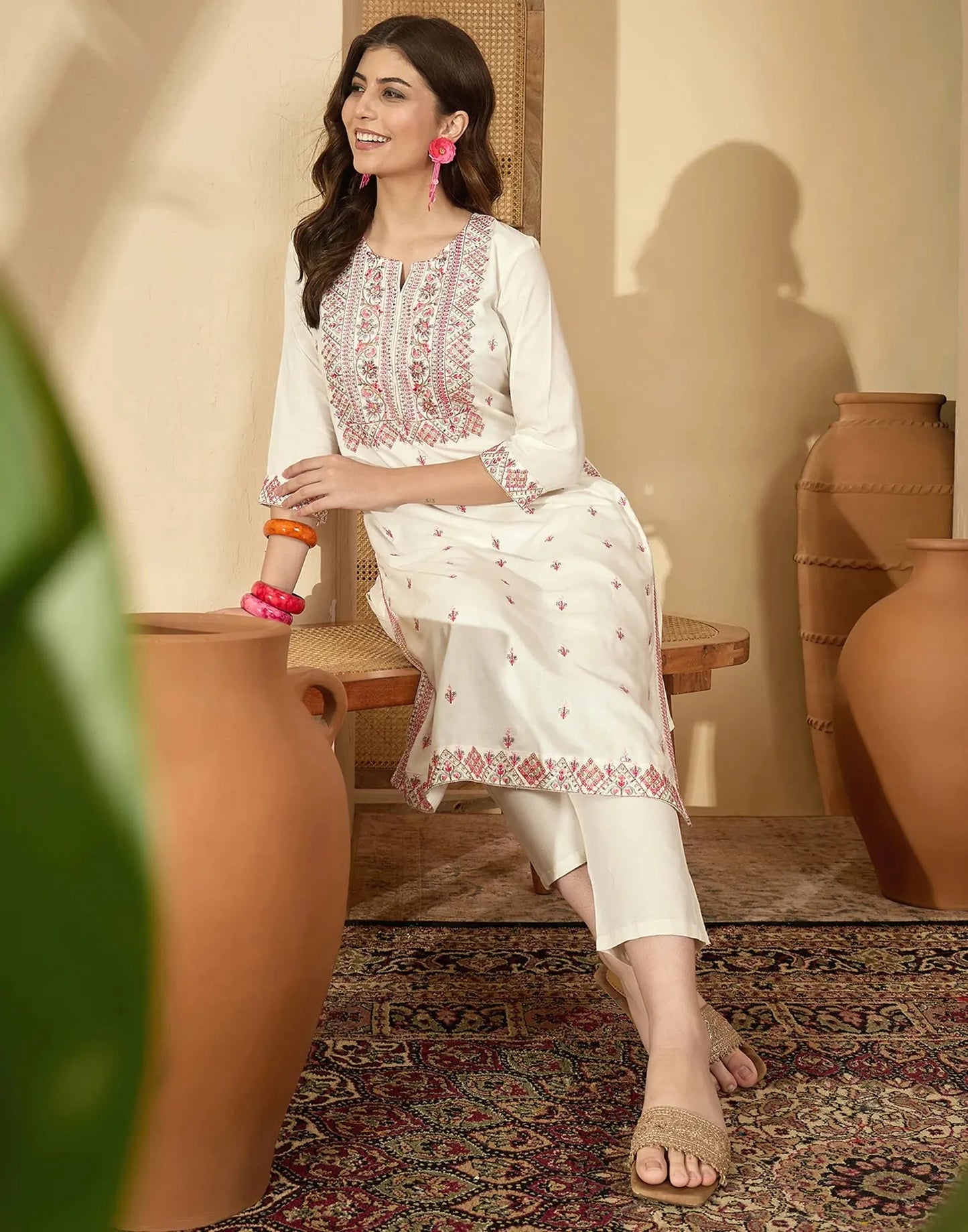 Cotton Embroidered Round Neck Straight Kurti