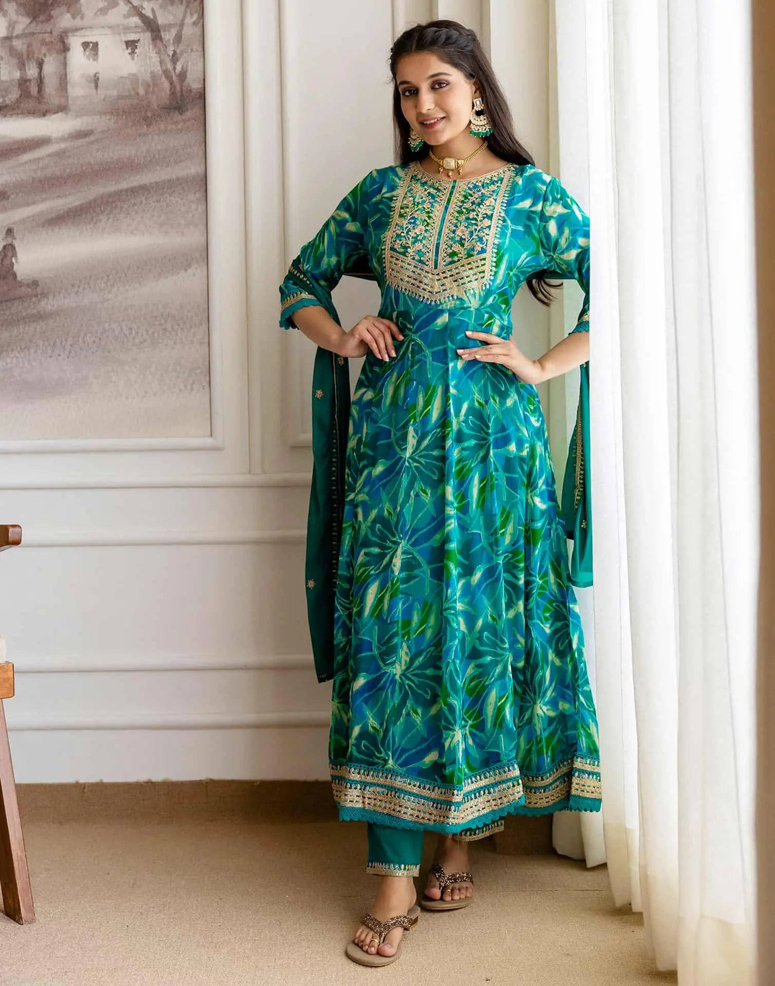 Blue Silk Printed Anarkali Kurta Set with Pant & Dupatta Affordable Ethnic Wear for Festive & Wedding