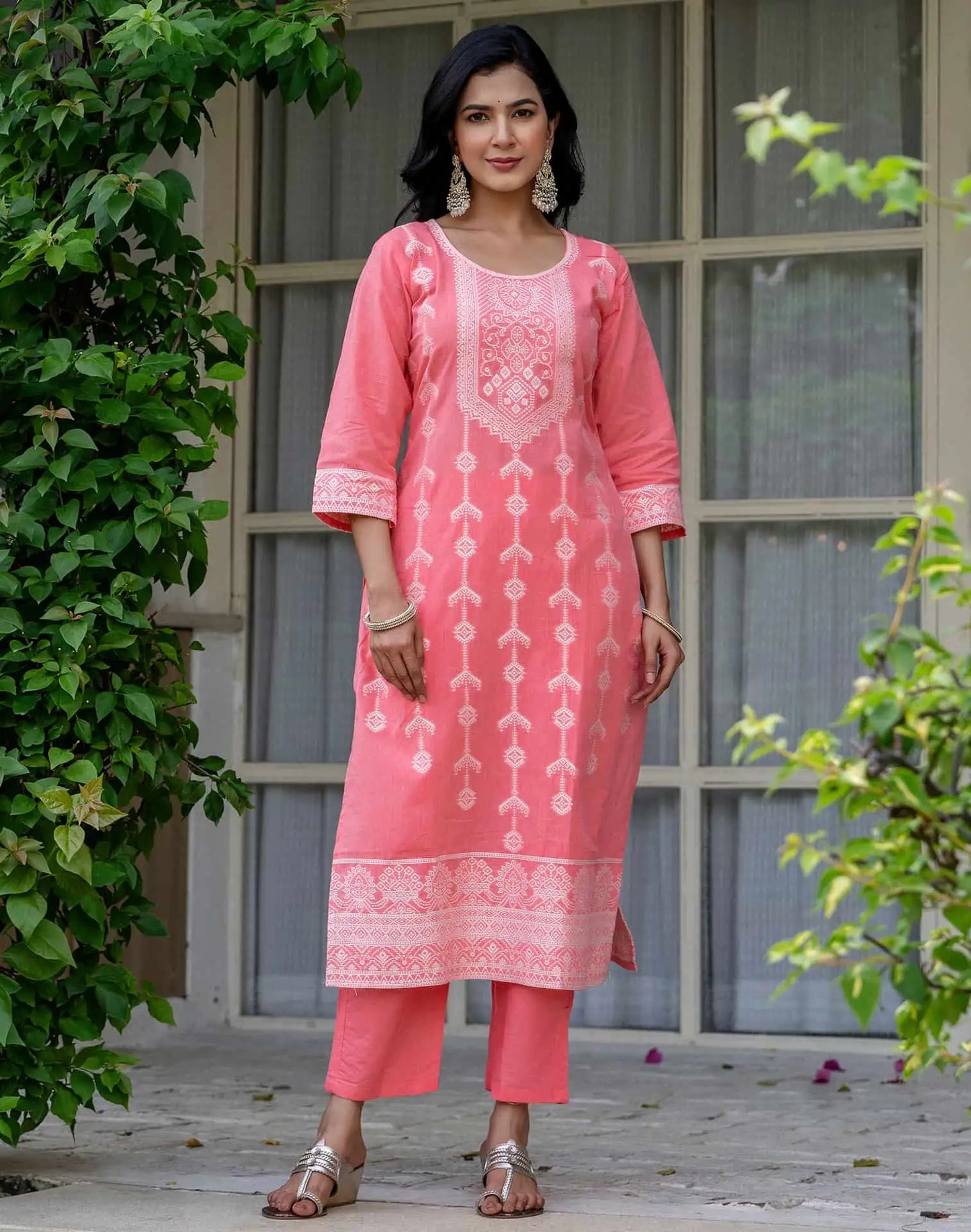 Cotton Woven Design Straight Kurta with Pant & Dupatta