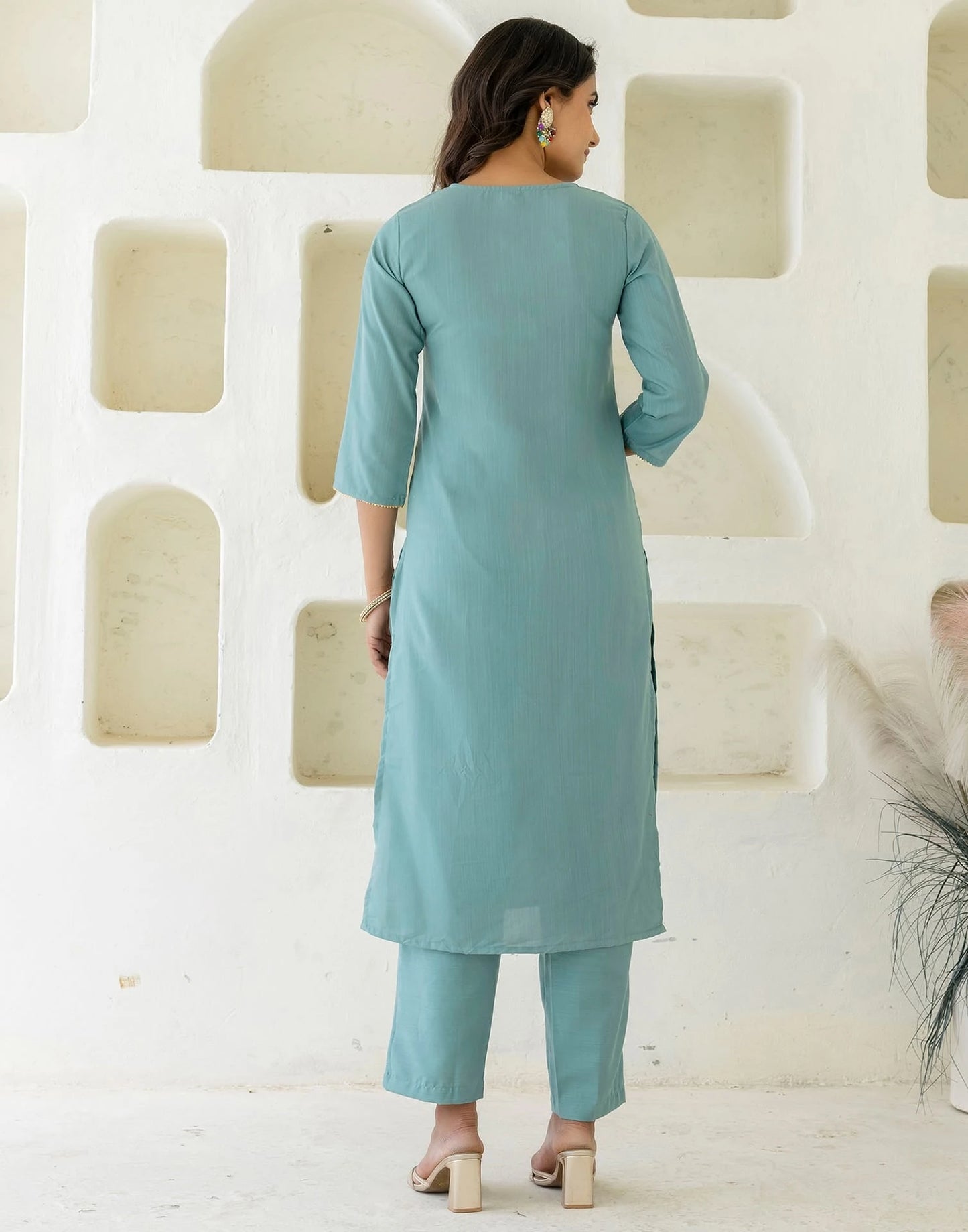 Light Green Cotton Embroidered Straight Kurta with Pant and Dupatta