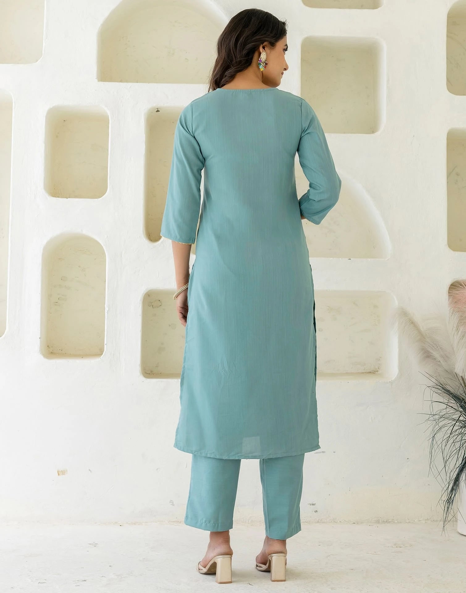 Light Green Cotton Embroidered Straight Kurta with Pant and Dupatta