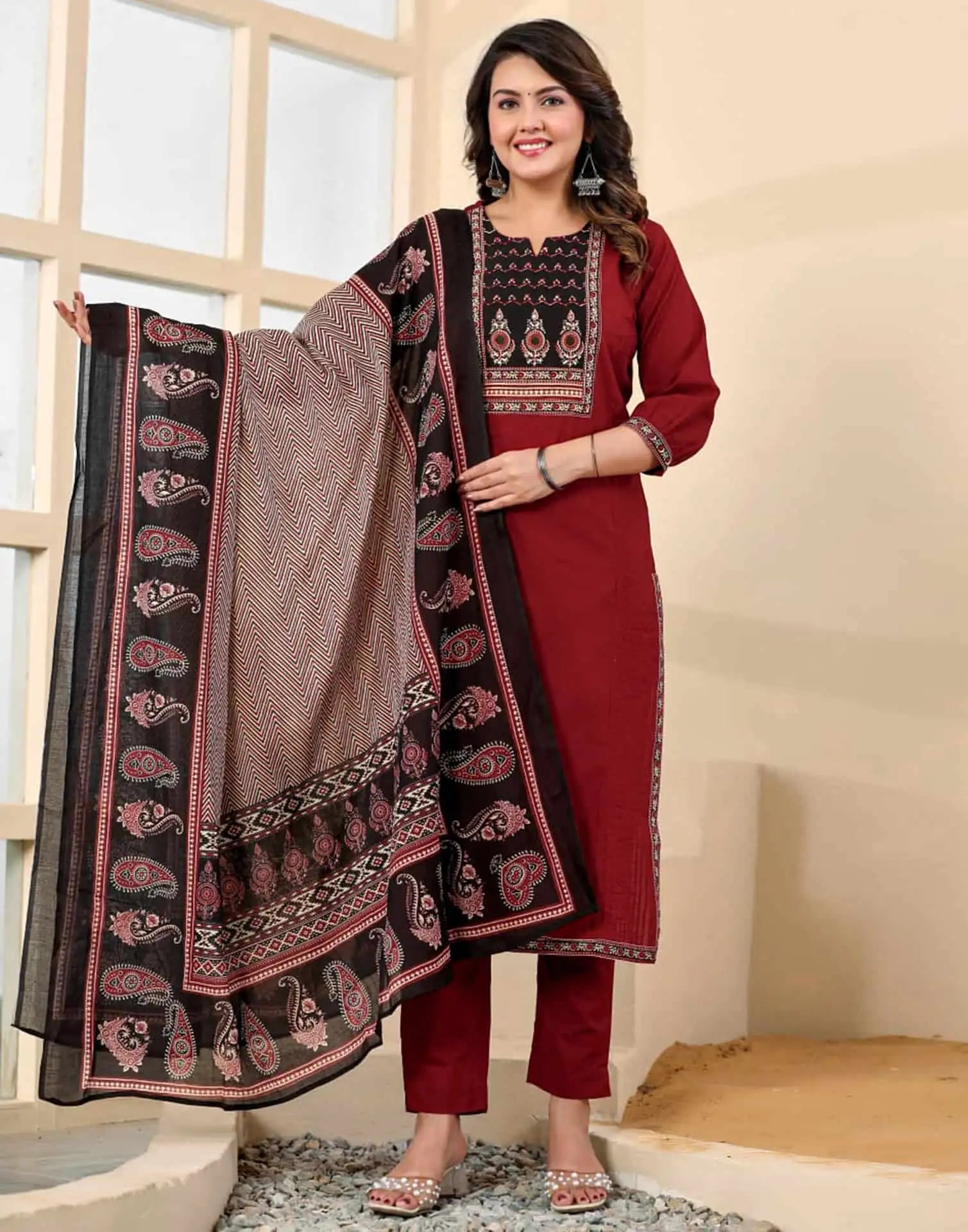 Maroon Cotton Printed Straight Kurta Set with Pant & Dupatta