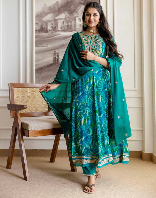 Blue Silk Printed Anarkali Kurta Set with Pant & Dupatta Affordable Ethnic Wear for Festive & Wedding