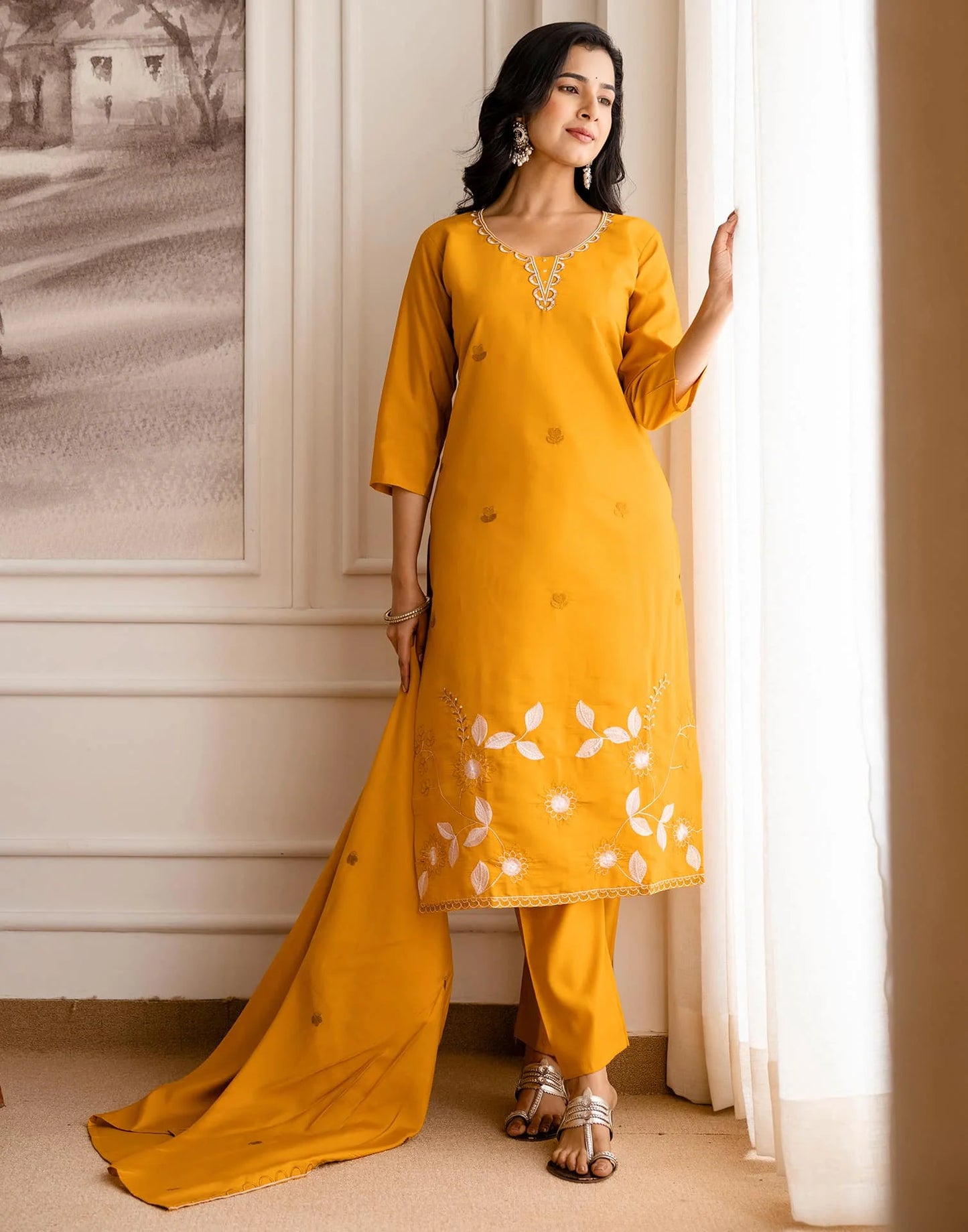 Silk Blend Embroidered Straight Kurta with Pant & Dupatta
