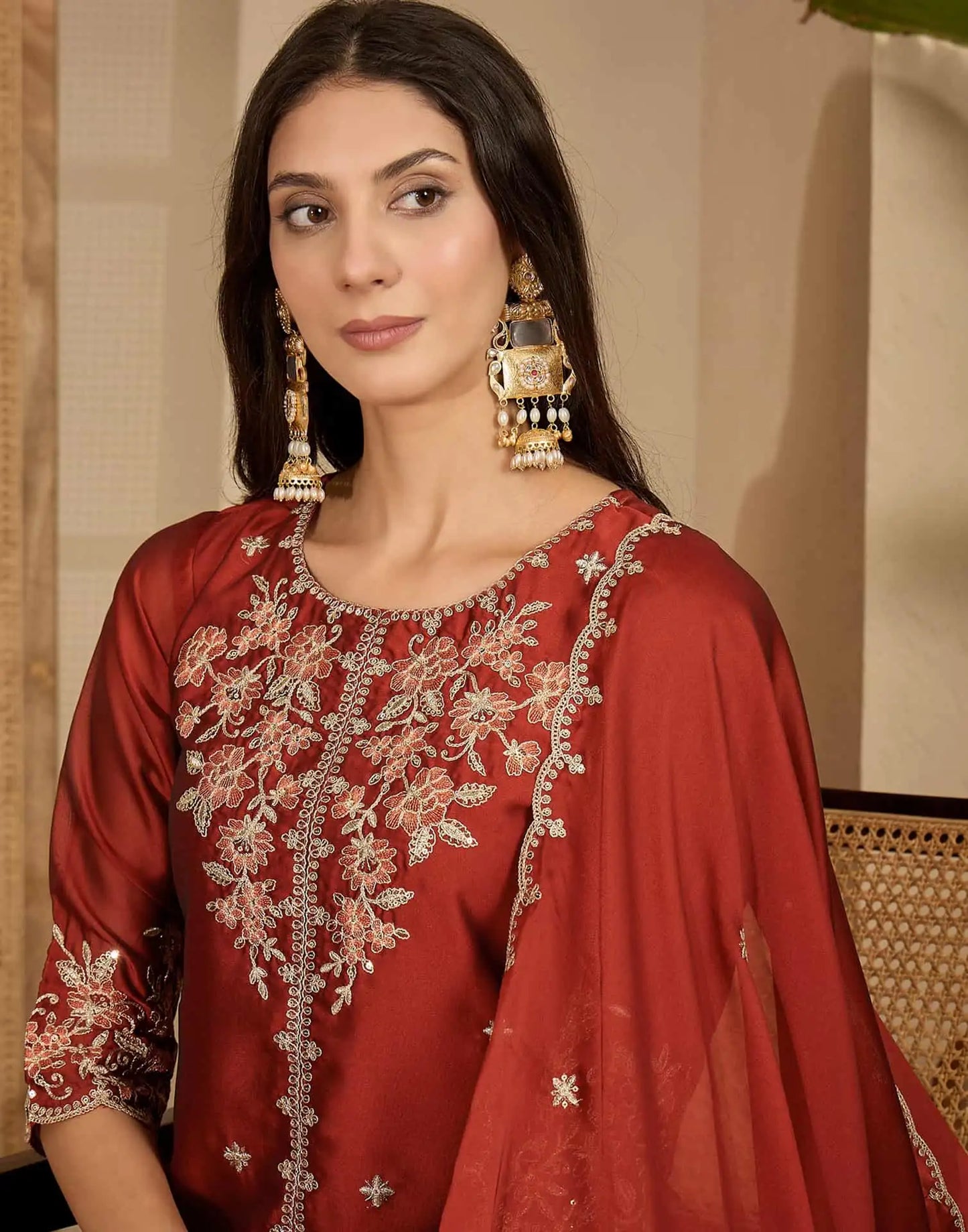 Silk Straight Embroidery Round Neck Kurta with Pant & Dupatta