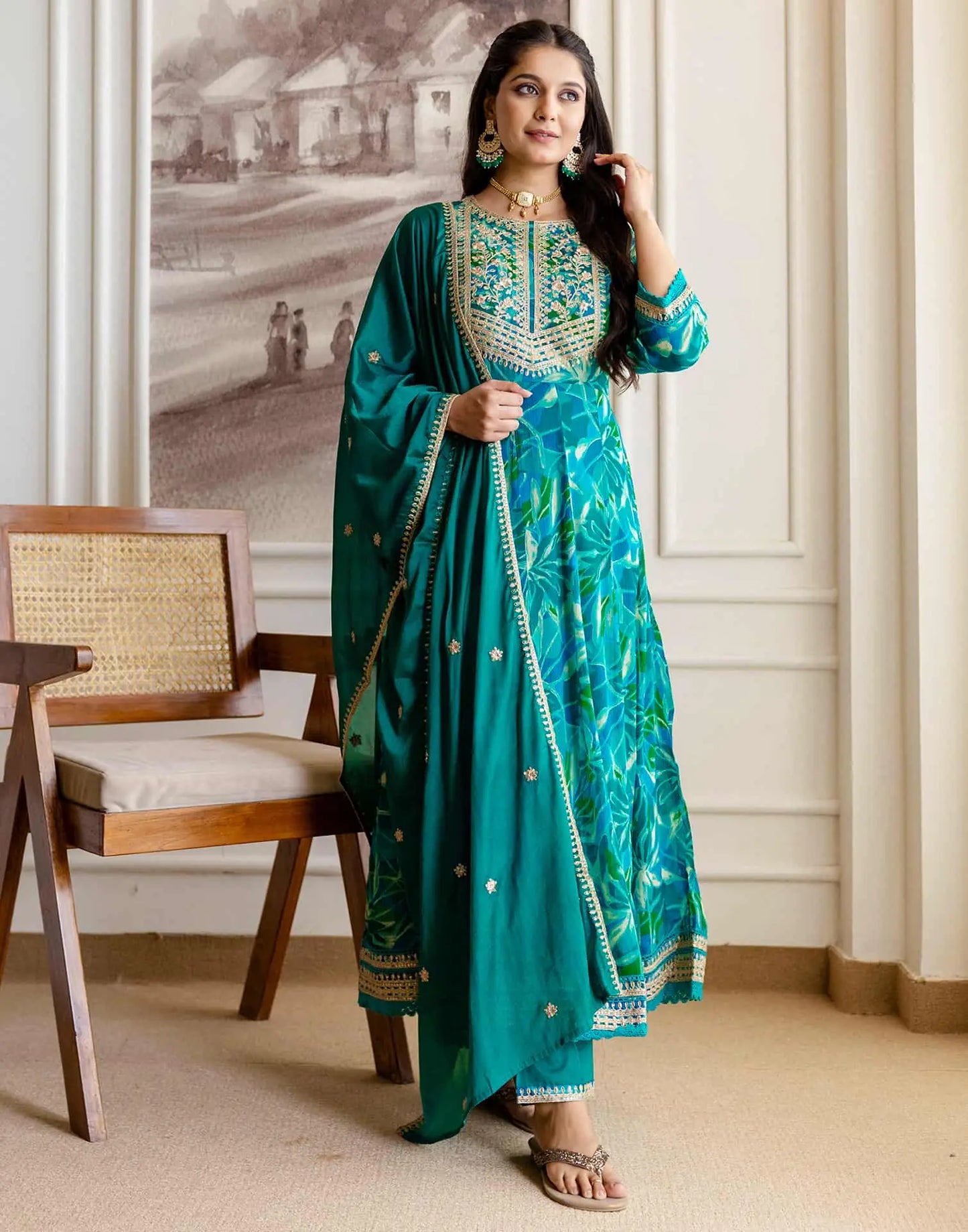 Blue Silk Printed Anarkali Kurta Set with Pant & Dupatta Affordable Ethnic Wear for Festive & Wedding