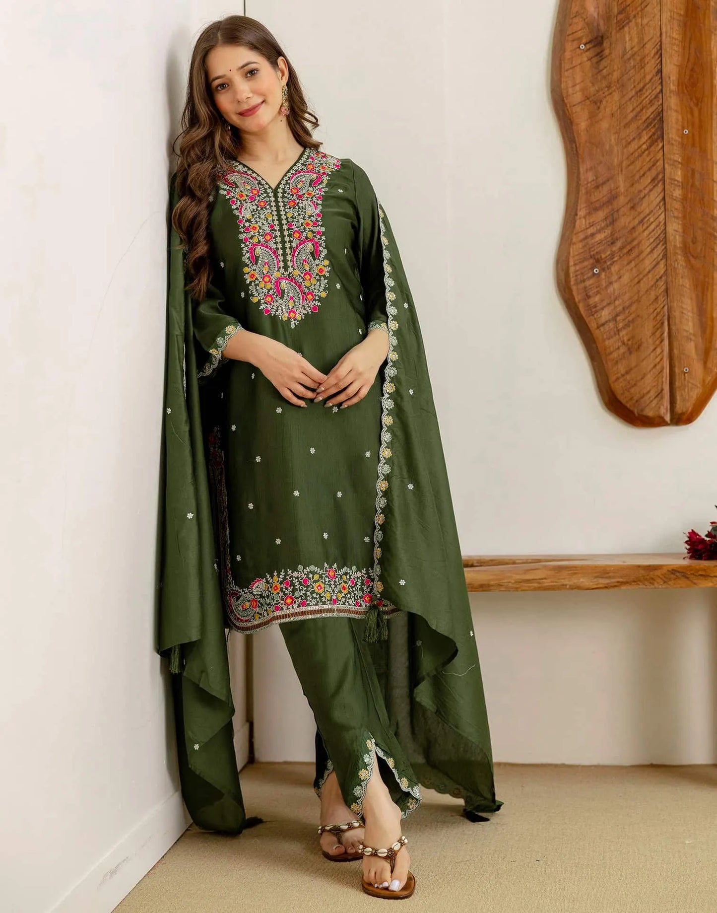 Green Silk Embroidered Straight Kurta Set with Pant and Dupatta for Women under 1299