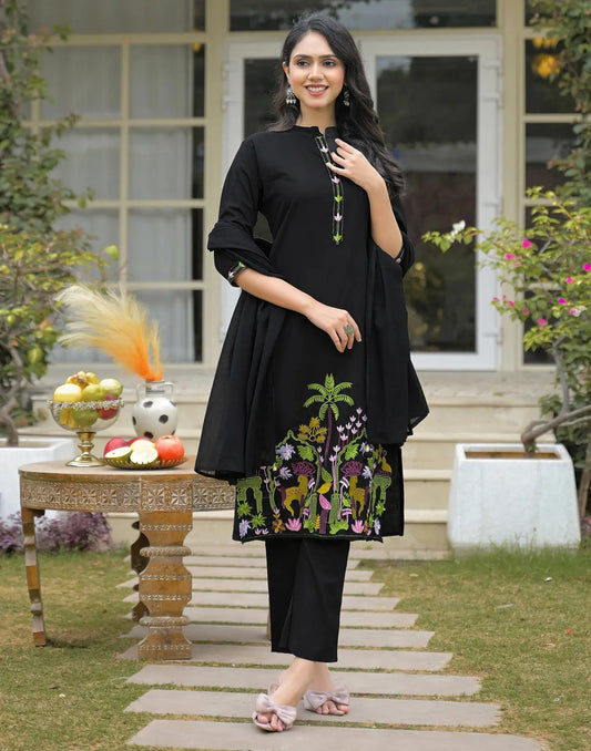 Cotton Embroidered Mandarin Collar Straight Kurta with Pant & Dupatta