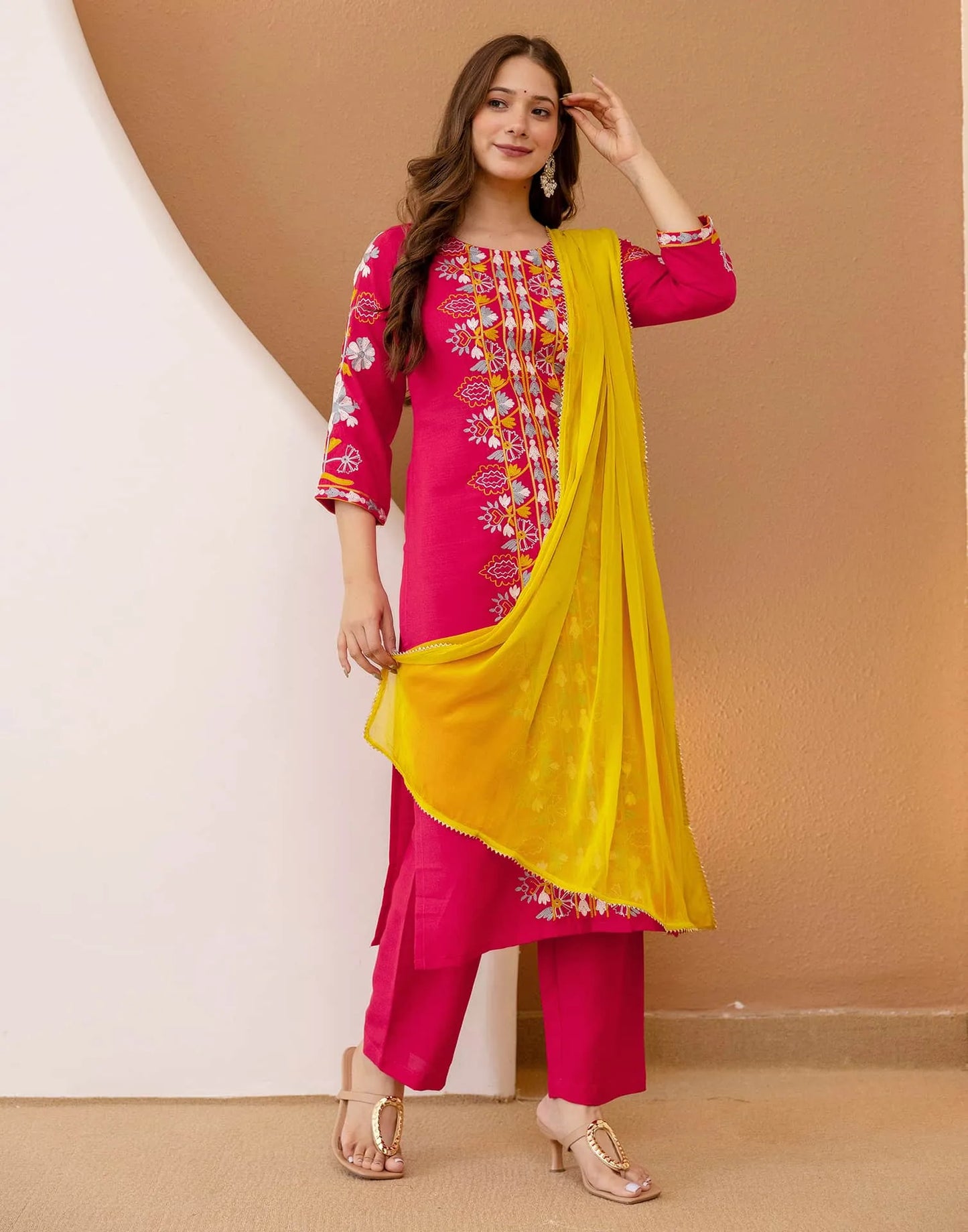 Cotton Blend Embroidered Straight Kurta with Pant & Dupatta