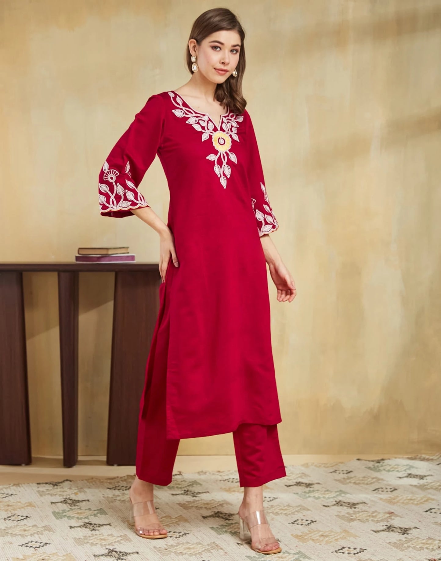 Cotton Blend Embroidery Straight Kurta with Pant & Dupatta