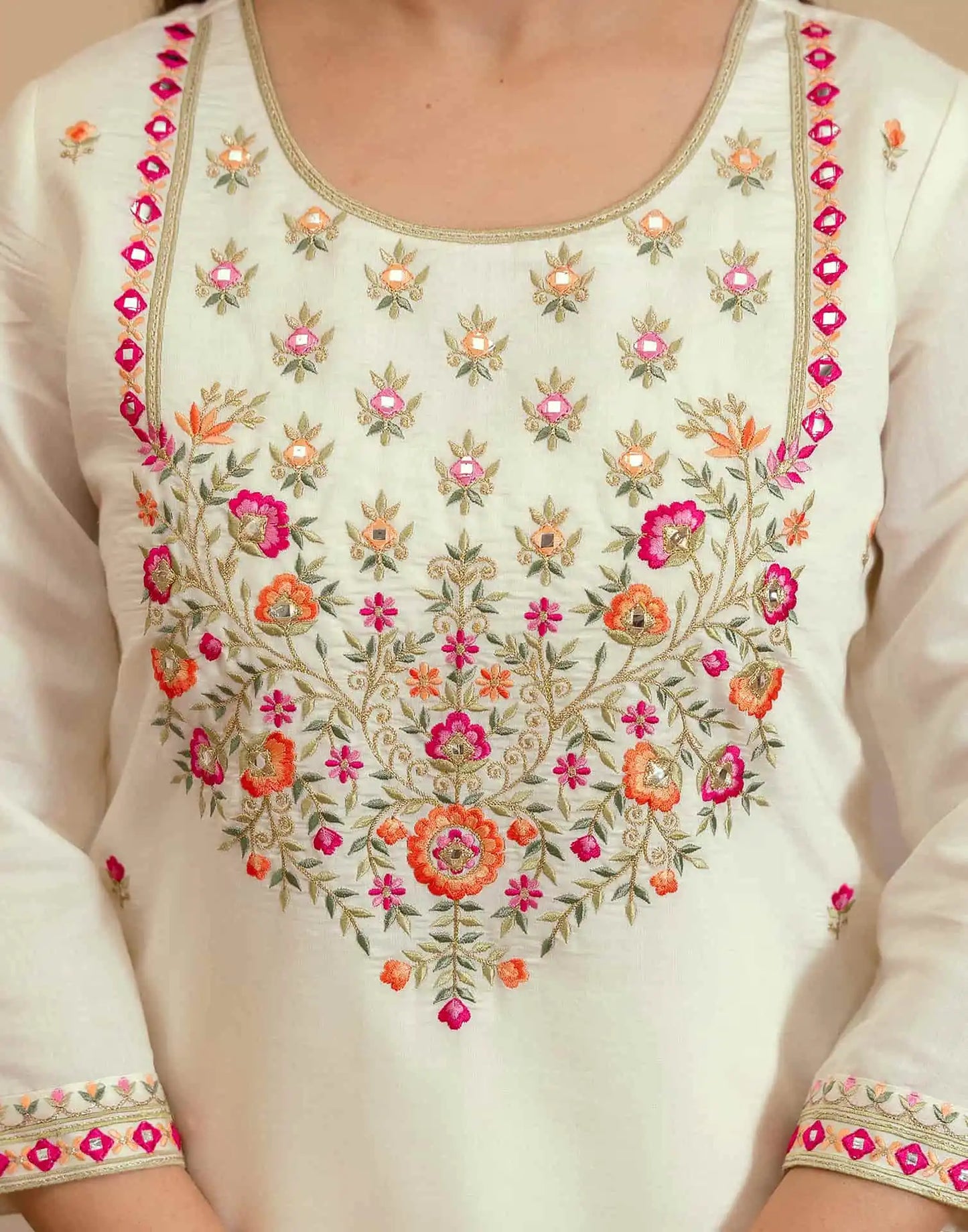 Off White Silk Blend Embroidered Straight Kurta Set for Women with Pant and Dupatta