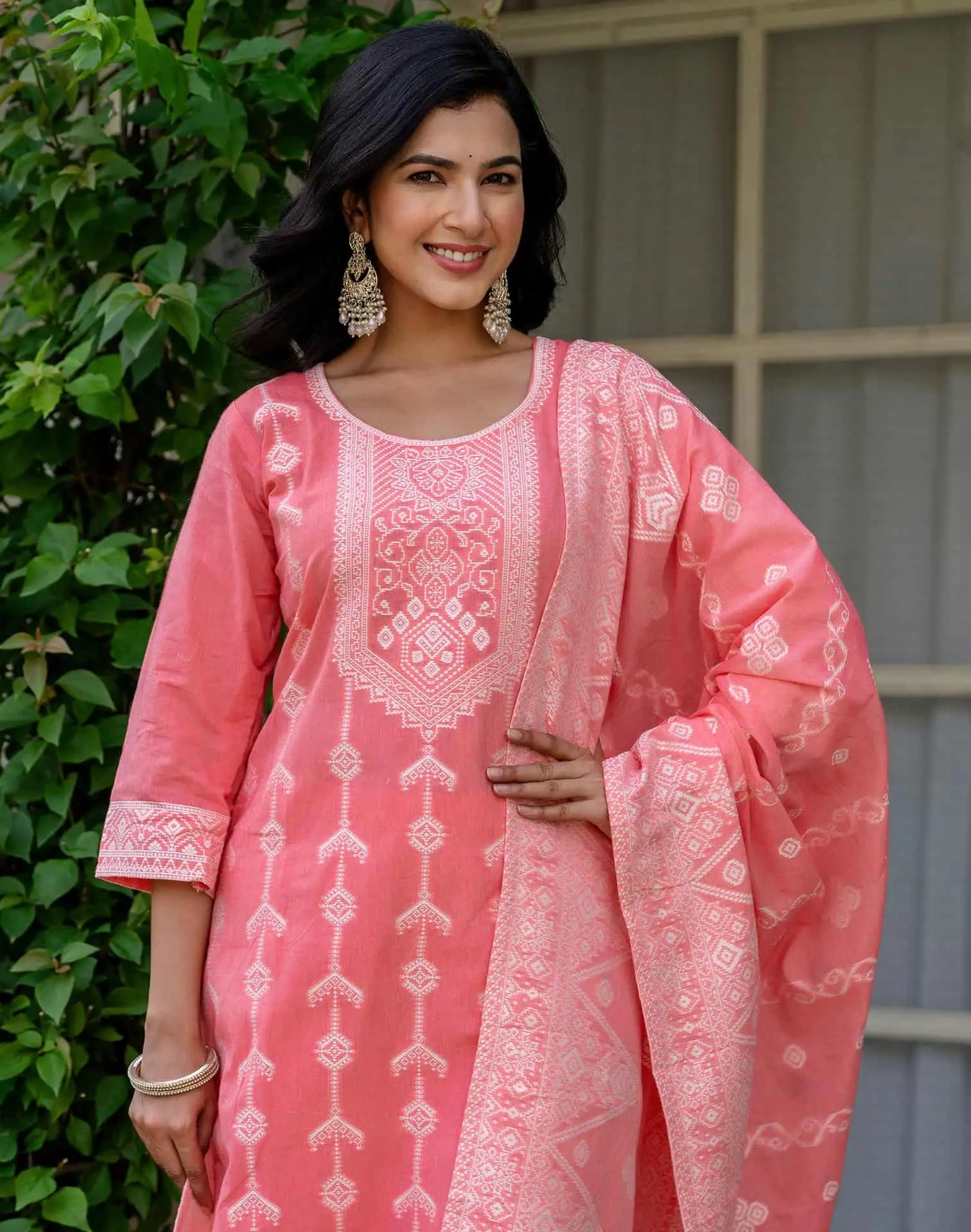 Cotton Woven Design Straight Kurta with Pant & Dupatta