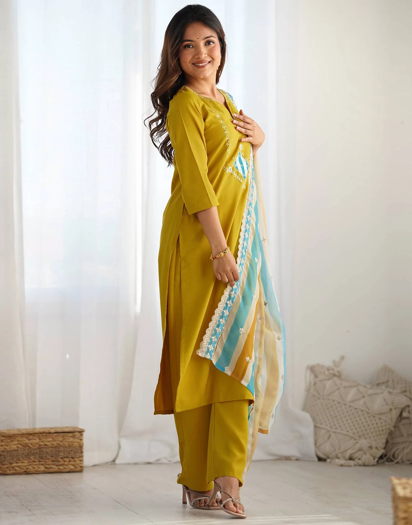 Silk Embroidery and Sequin Work Straight Kurta with Pant & Dupatta