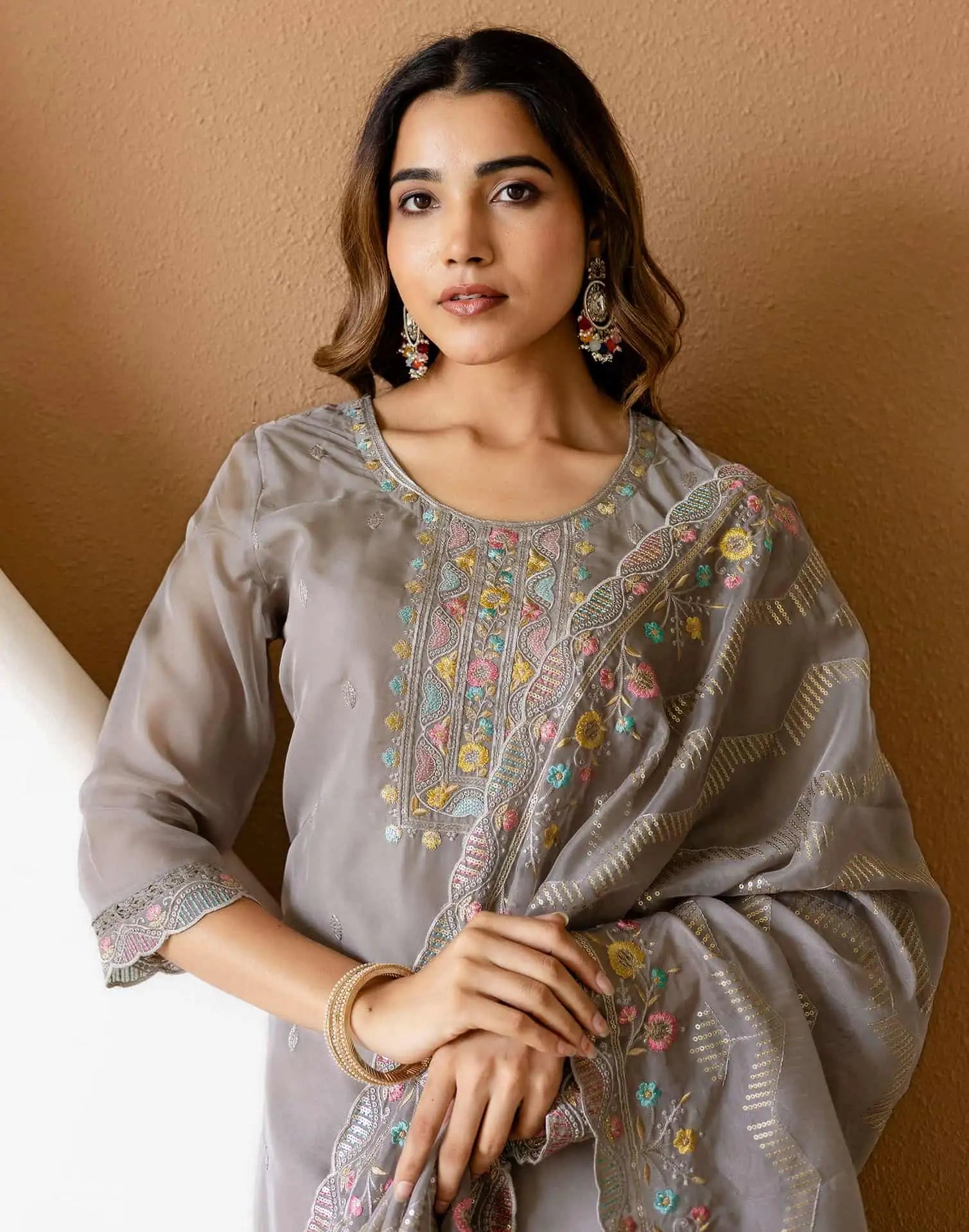 Grey Silk Embroidered Straight Kurta Set with Pant & Dupatta for Women Festive & Wedding Wear