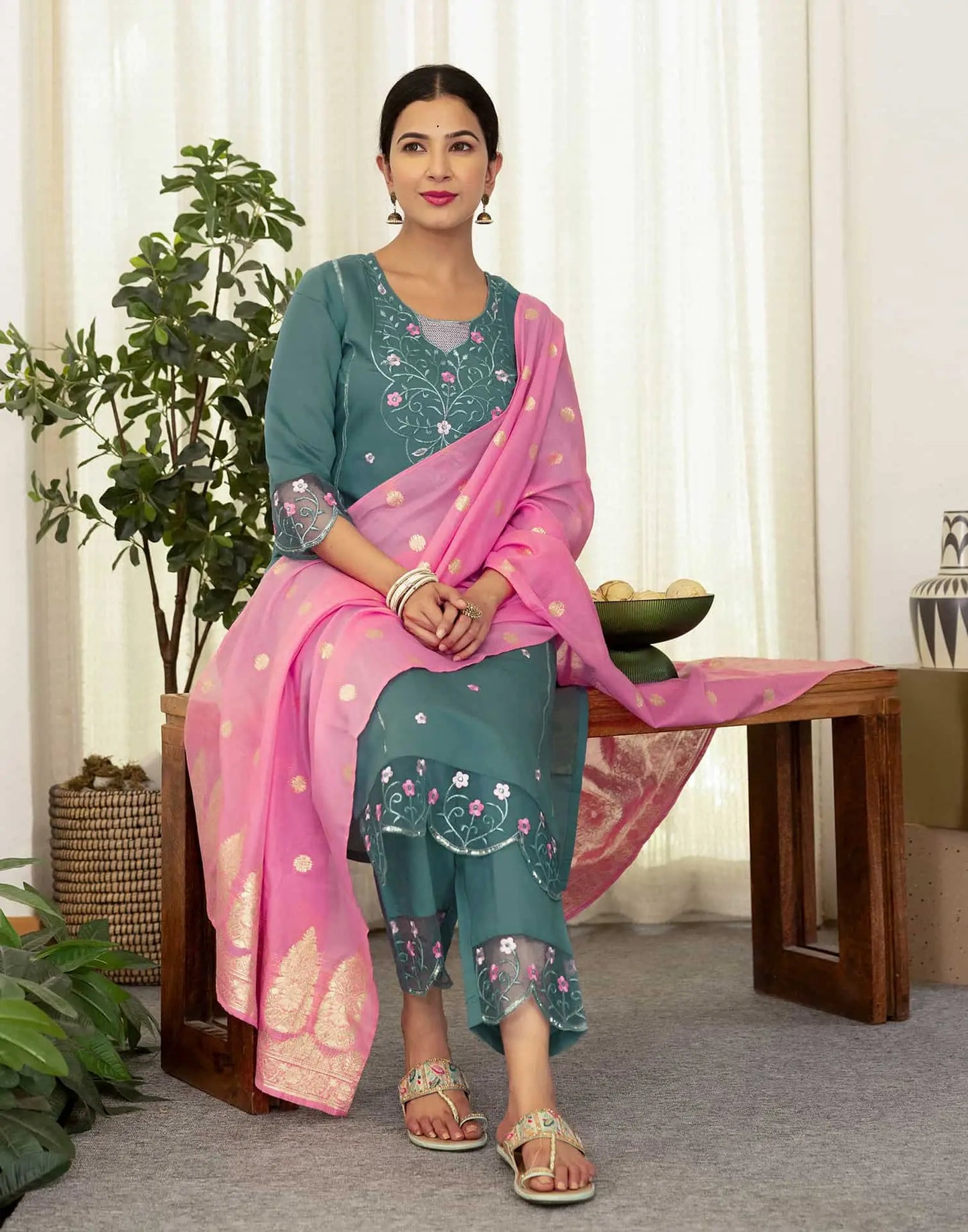 Silk Blend Embroidered Straight Kurta with Pant & Dupatta