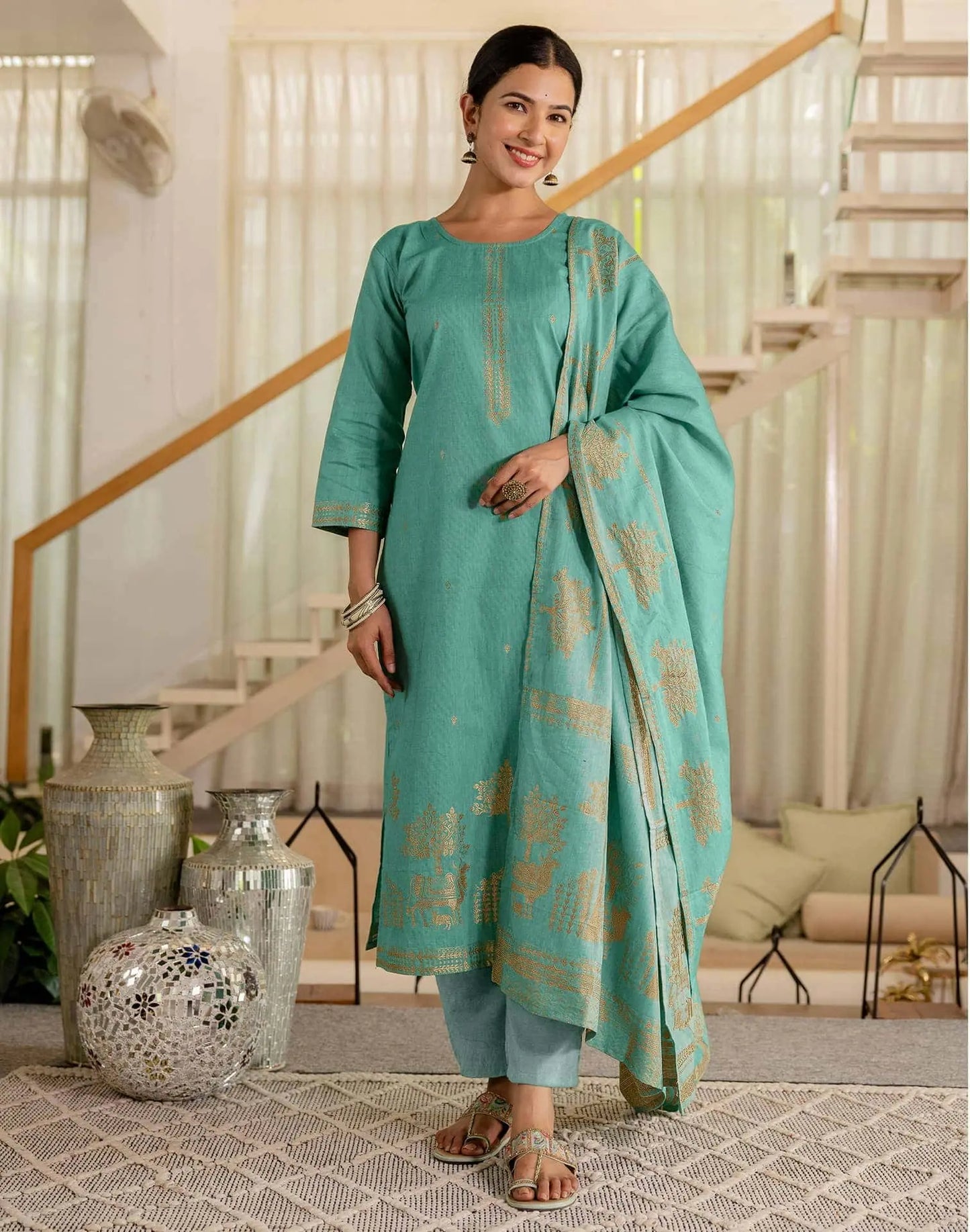 Cotton Weaving Straight Kurta with Pant & Dupatta