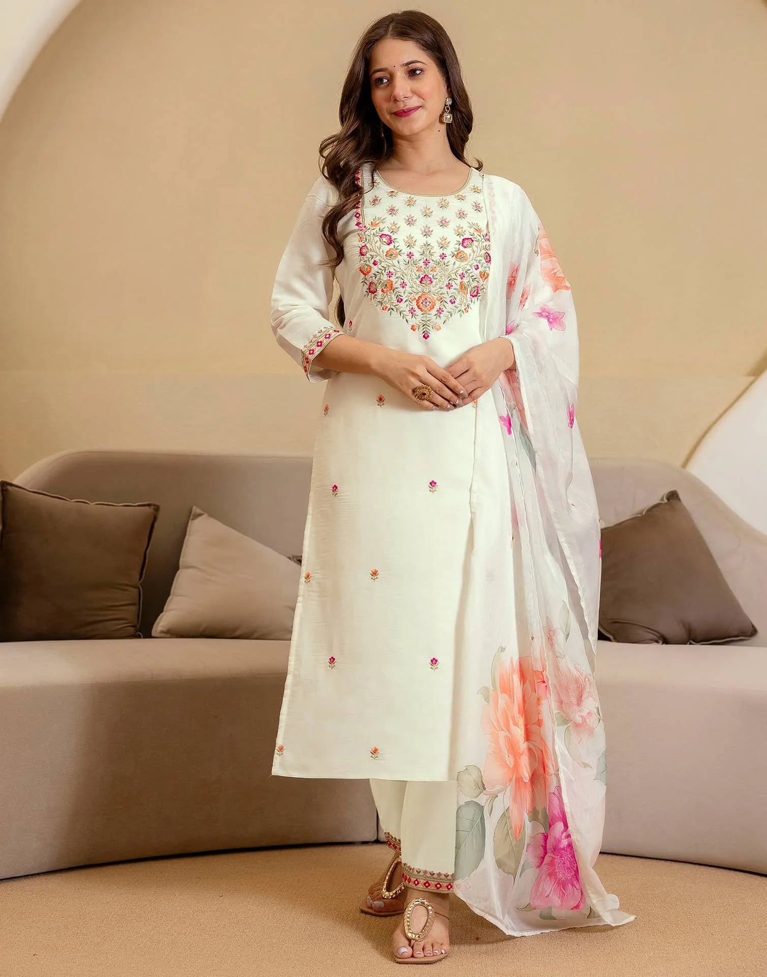 Off White Silk Blend Embroidered Straight Kurta Set for Women with Pant and Dupatta