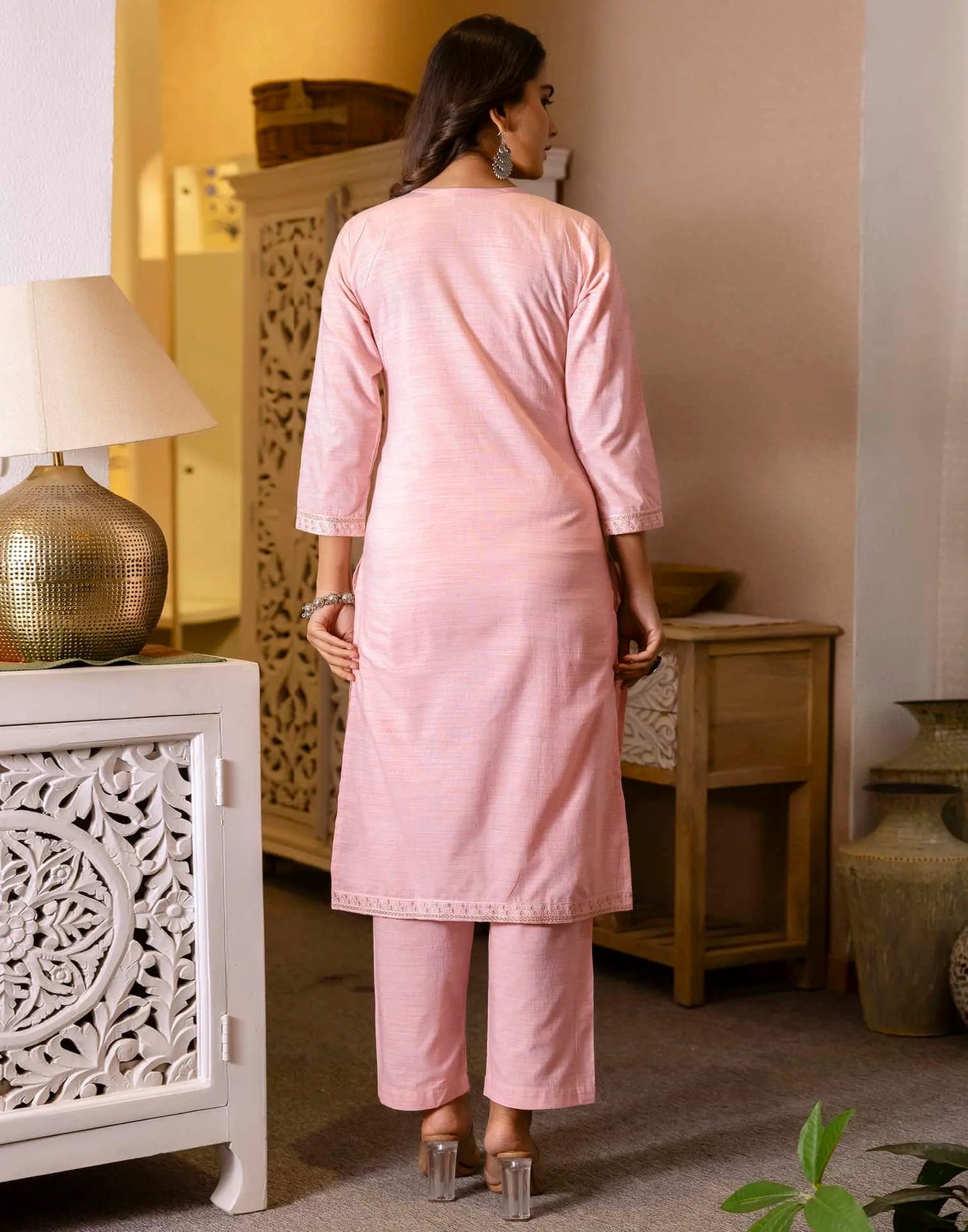 Pink Cotton Woven Design Straight Kurta Set for Women with Pant and Dupatta