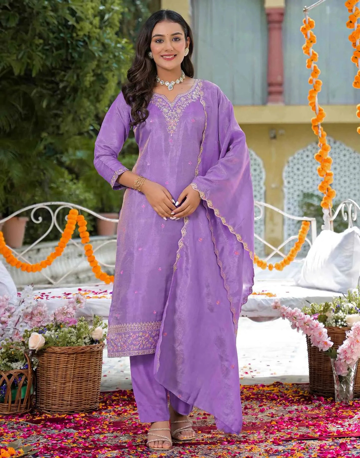 Tissue Silk Embroidered Straight U-Neck Kurta with Pant & Dupatta
