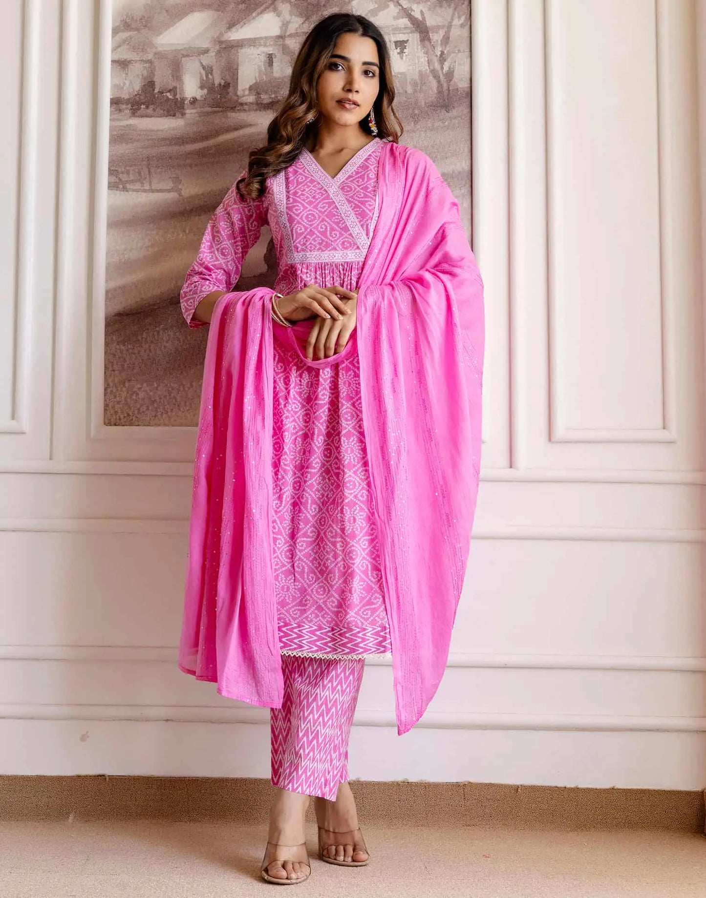 Skylee Pink Cotton Printed Anarkali Kurta Set for Women