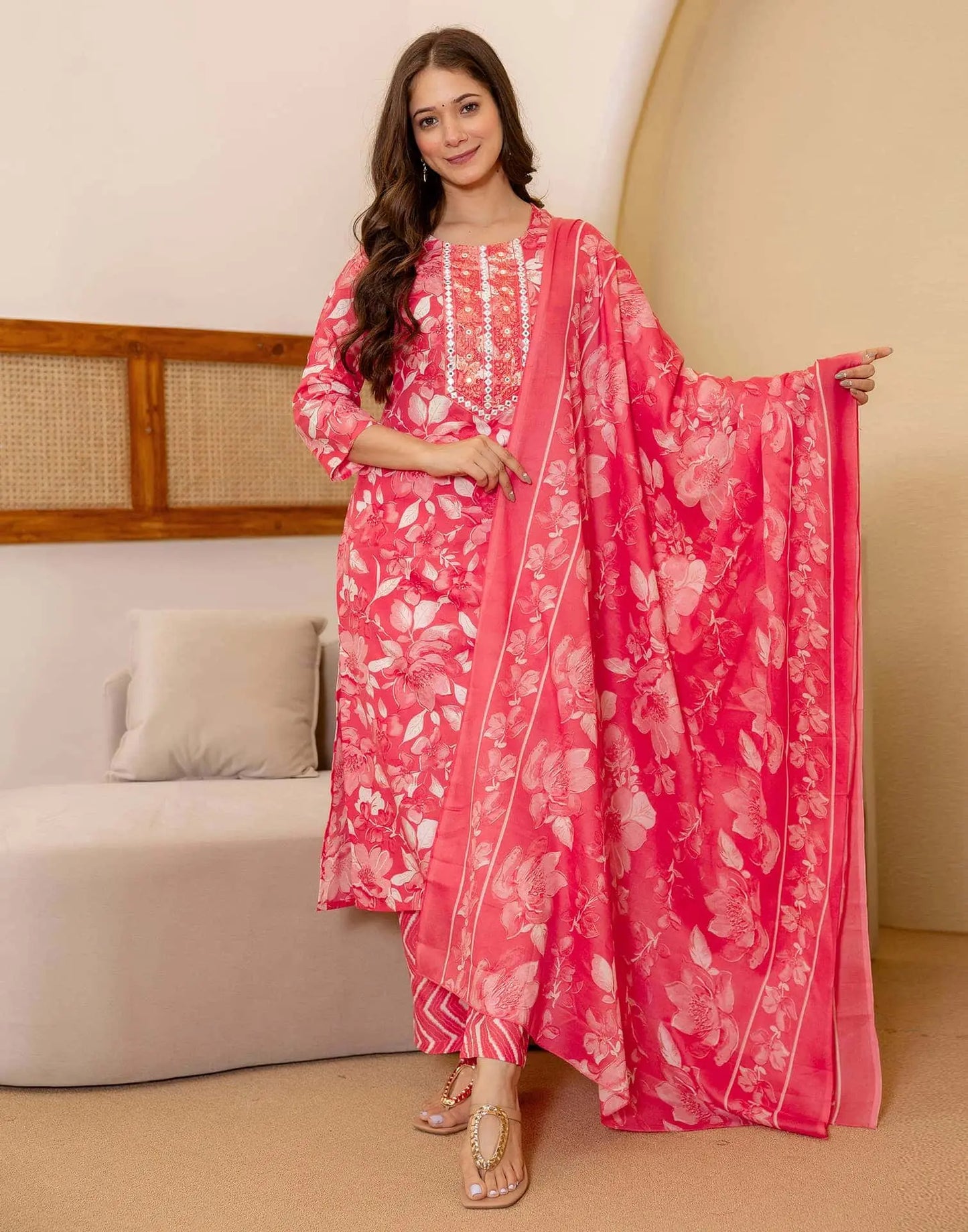 Cotton Printed Straight Kurta with Pant & Dupatta