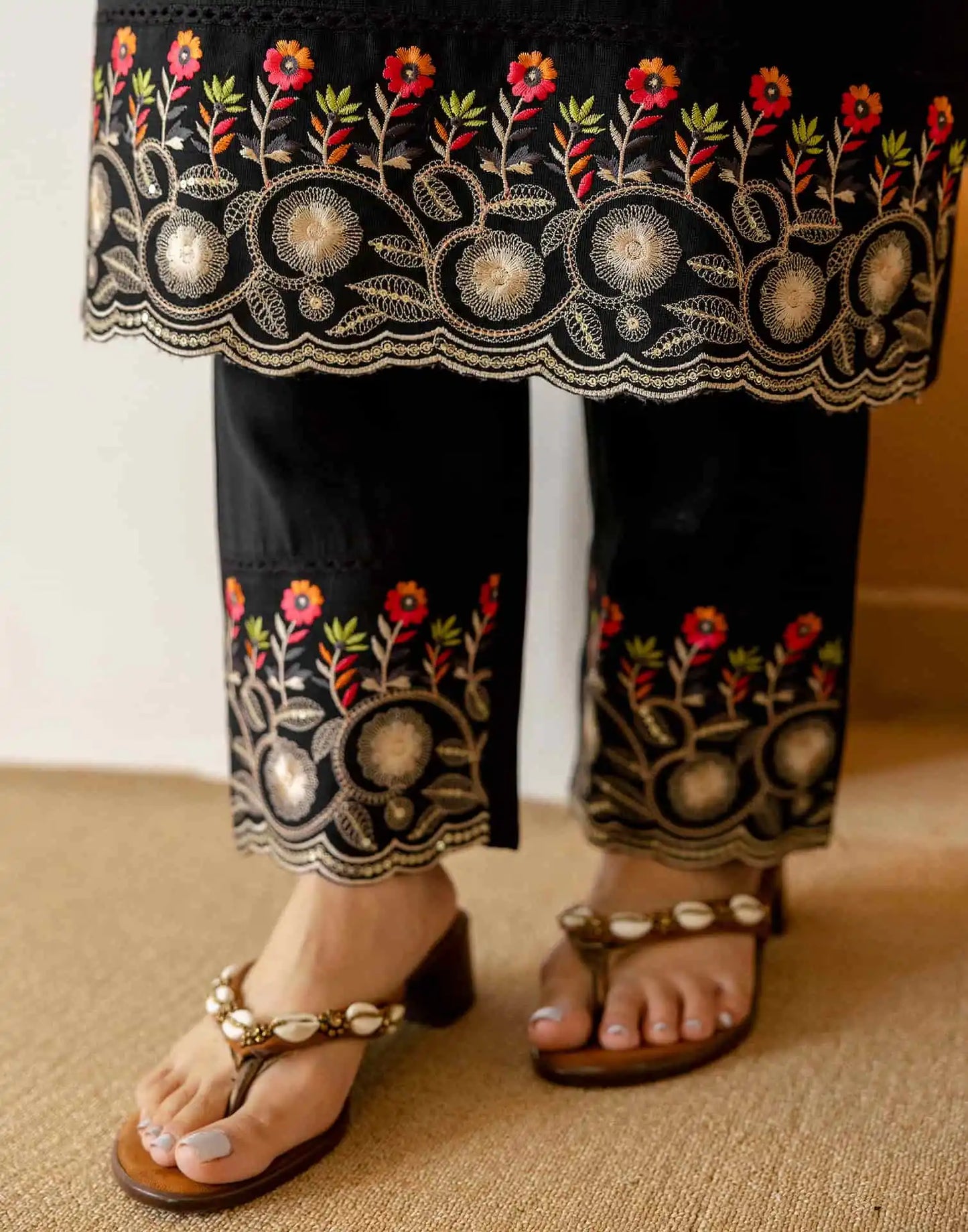 Black Silk Embroidered Straight Kurta Set with Pant & Dupatta under 1299 