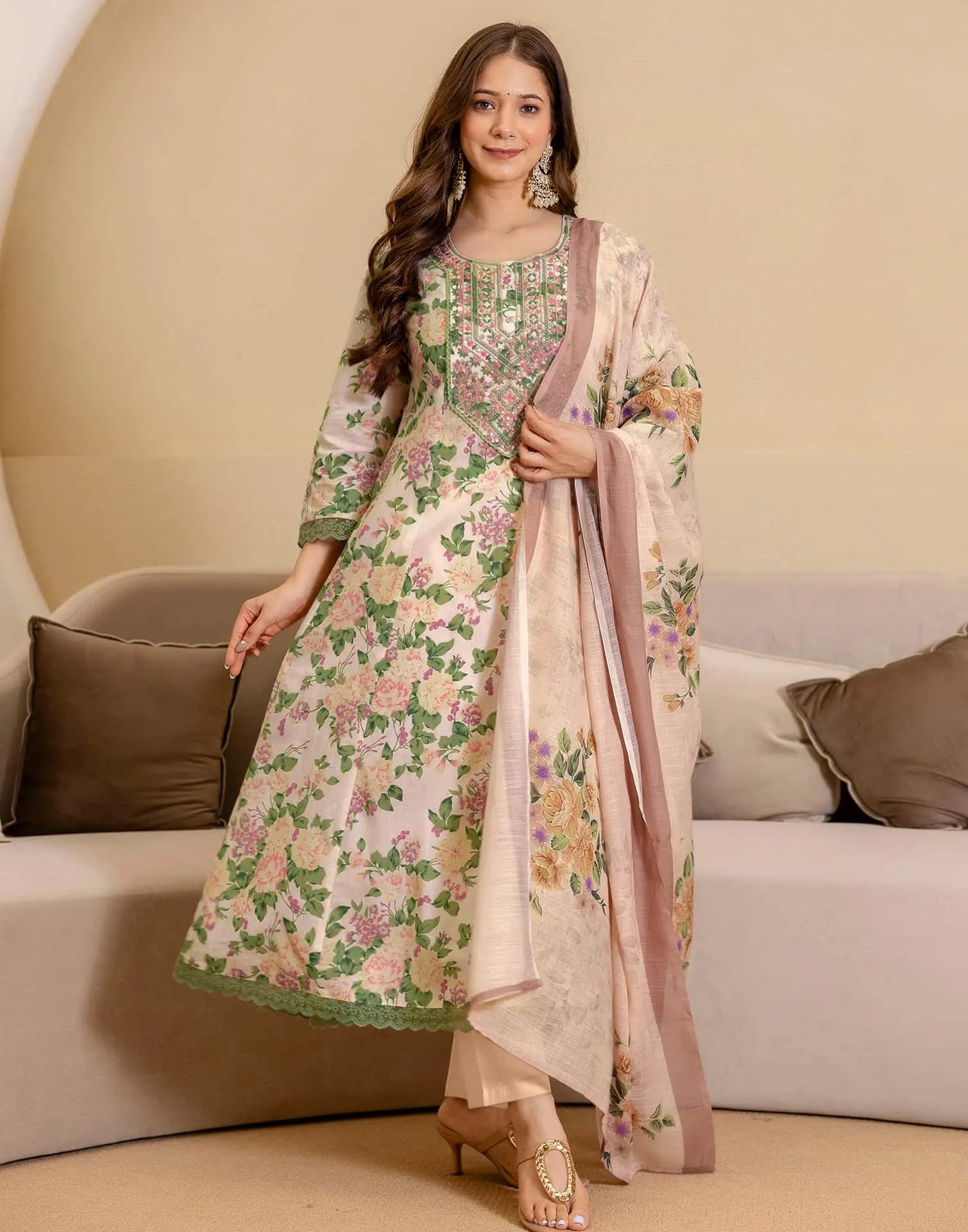 Beige Cotton Printed Anarkali Kurta with Pant & Dupatta