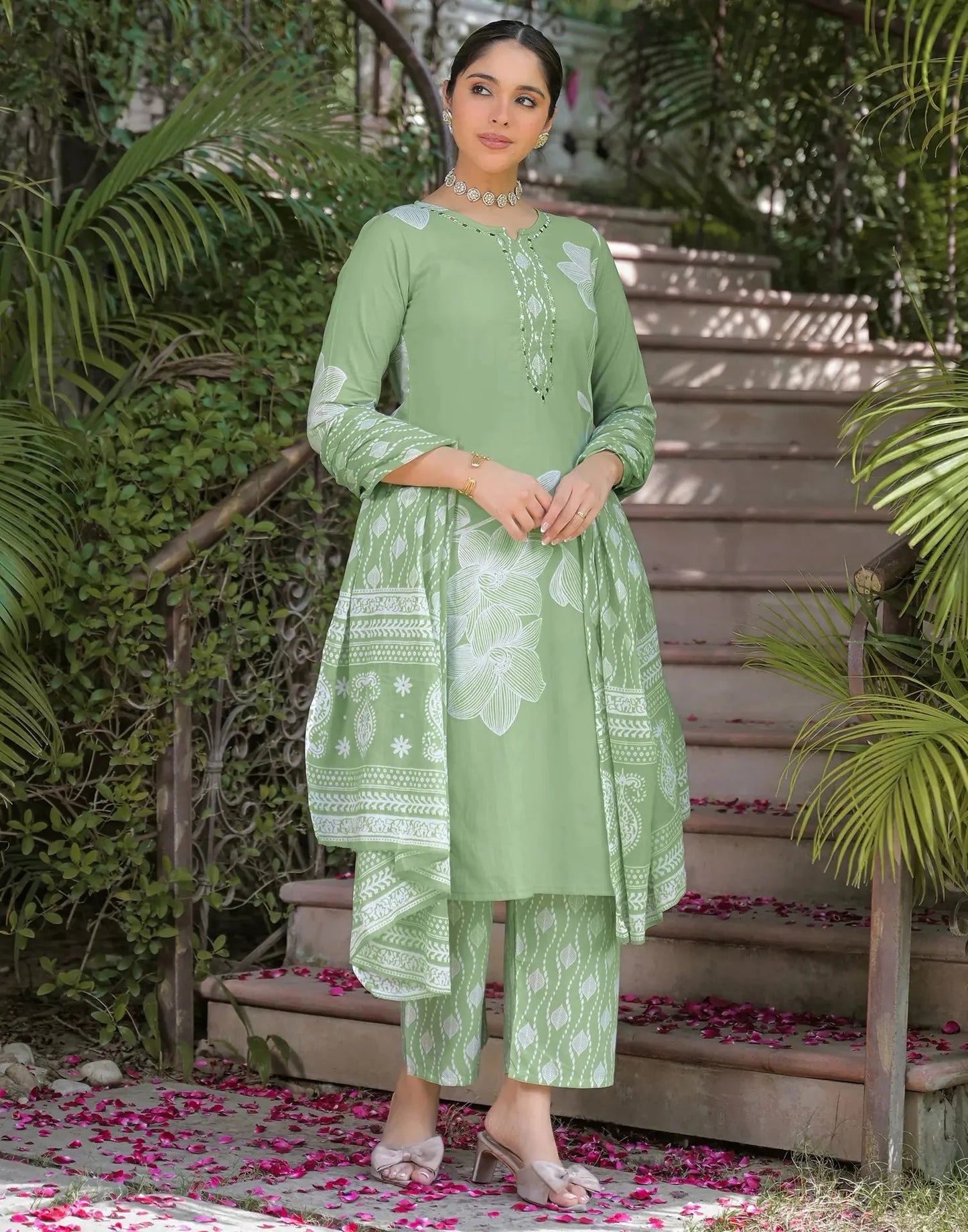 Cotton Printed V-Neck Straight Kurta with Pant & Dupatta