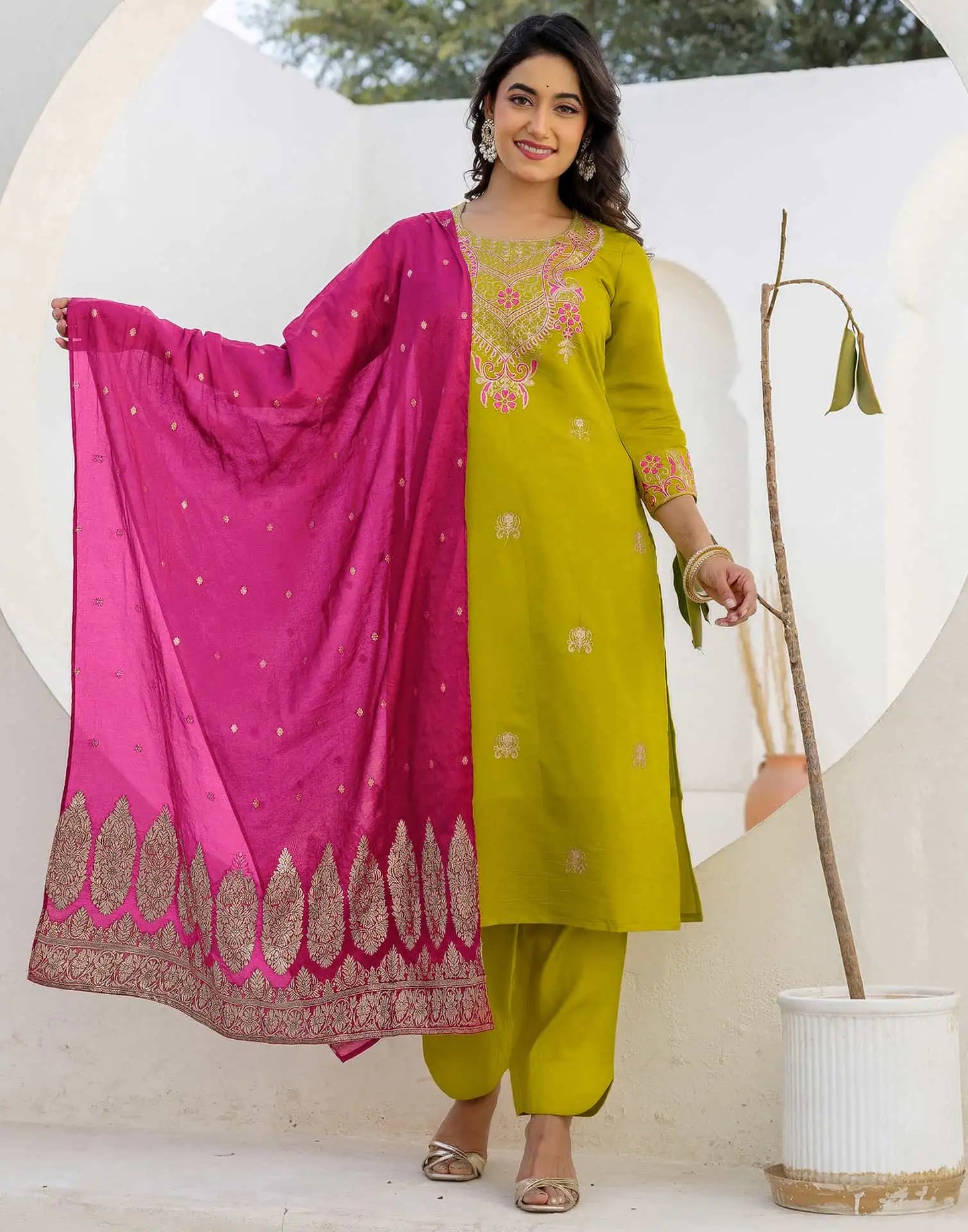 Silk Blend Embroidery Work and Embroidery Lace Straight Kurta with Pant & Dupatta