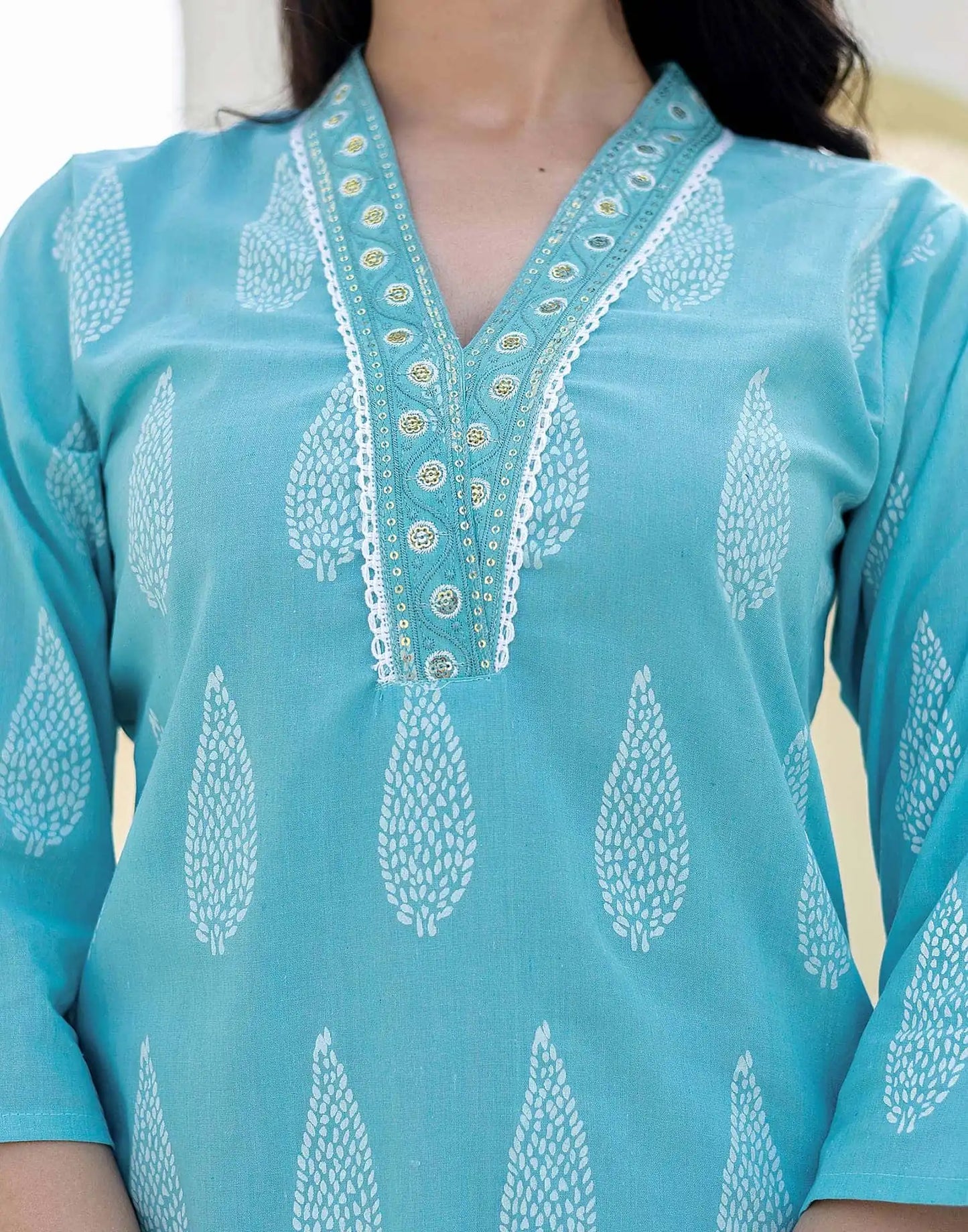 Cotton Printed, Embroidery and Sequins Work, Lace Straight Kurta with Pant & Dupatta