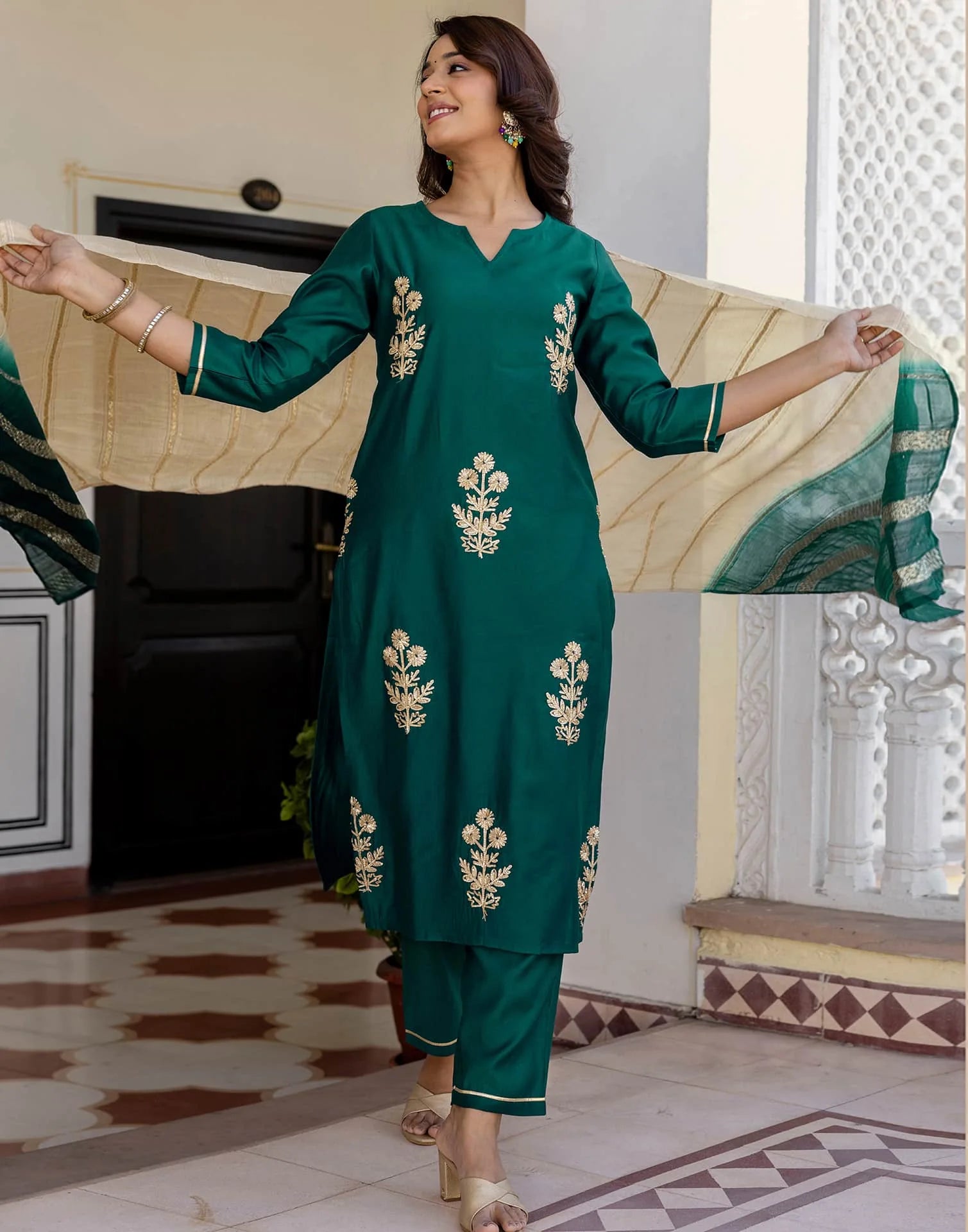 Green Cotton Printed Straight Kurta Set with Pant & Dupatta for Women