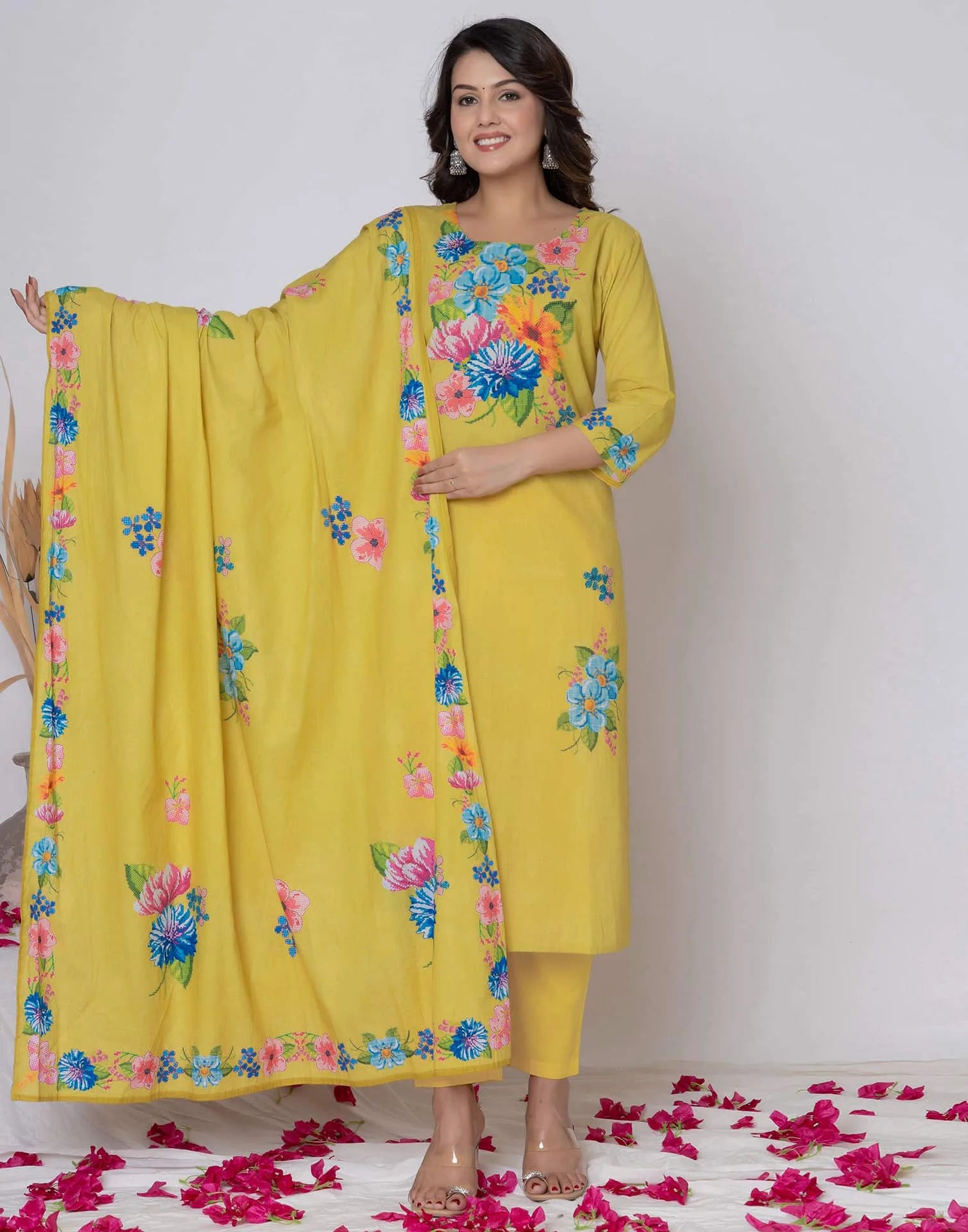 Yellow Cotton Printed Straight Kurta Set with Pant & Dupatta Affordable Casual & Office Wear for Women under 999