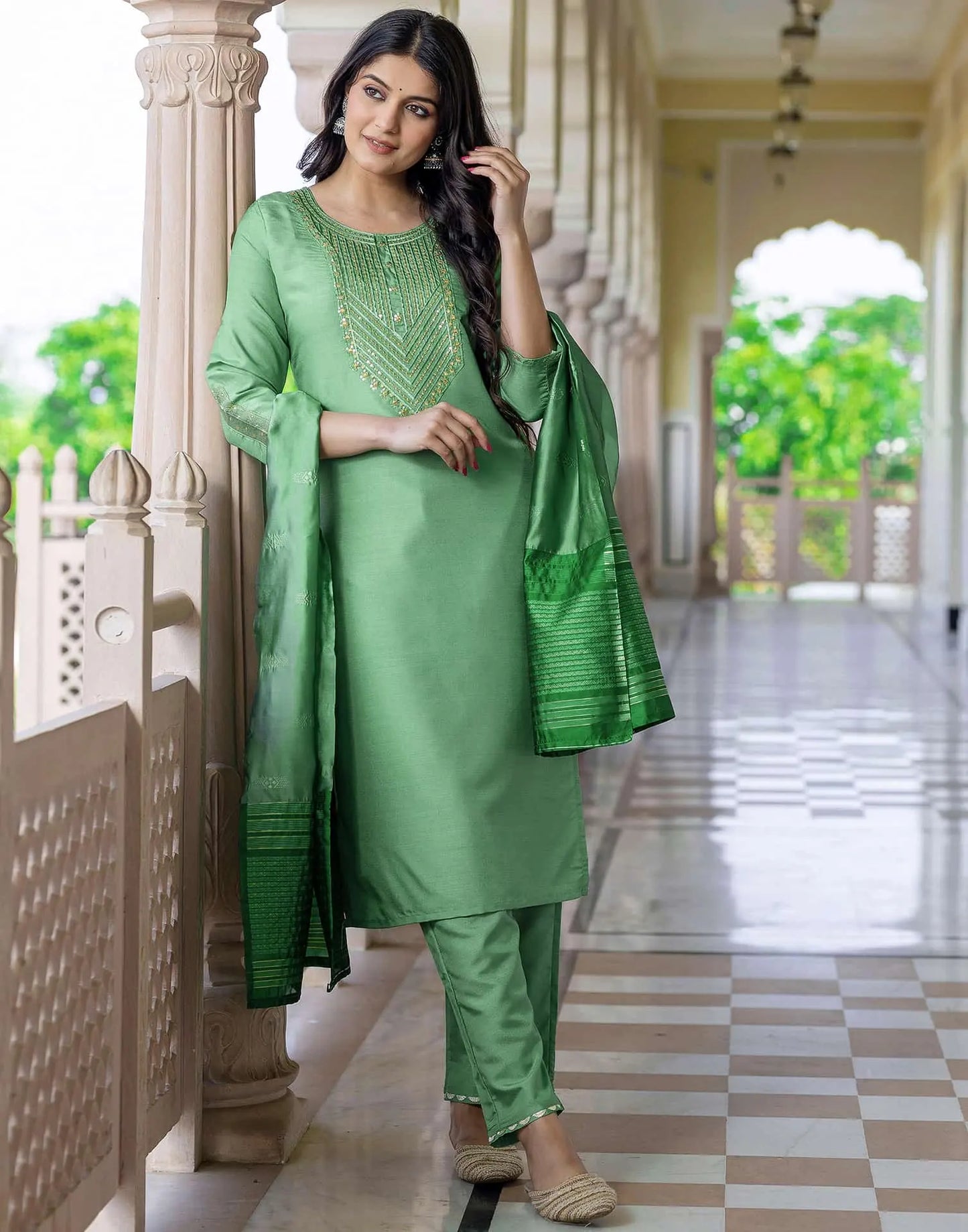 Silk Blend Embroidery and Sequins Work Straight Kurta with Pant & Dupatta