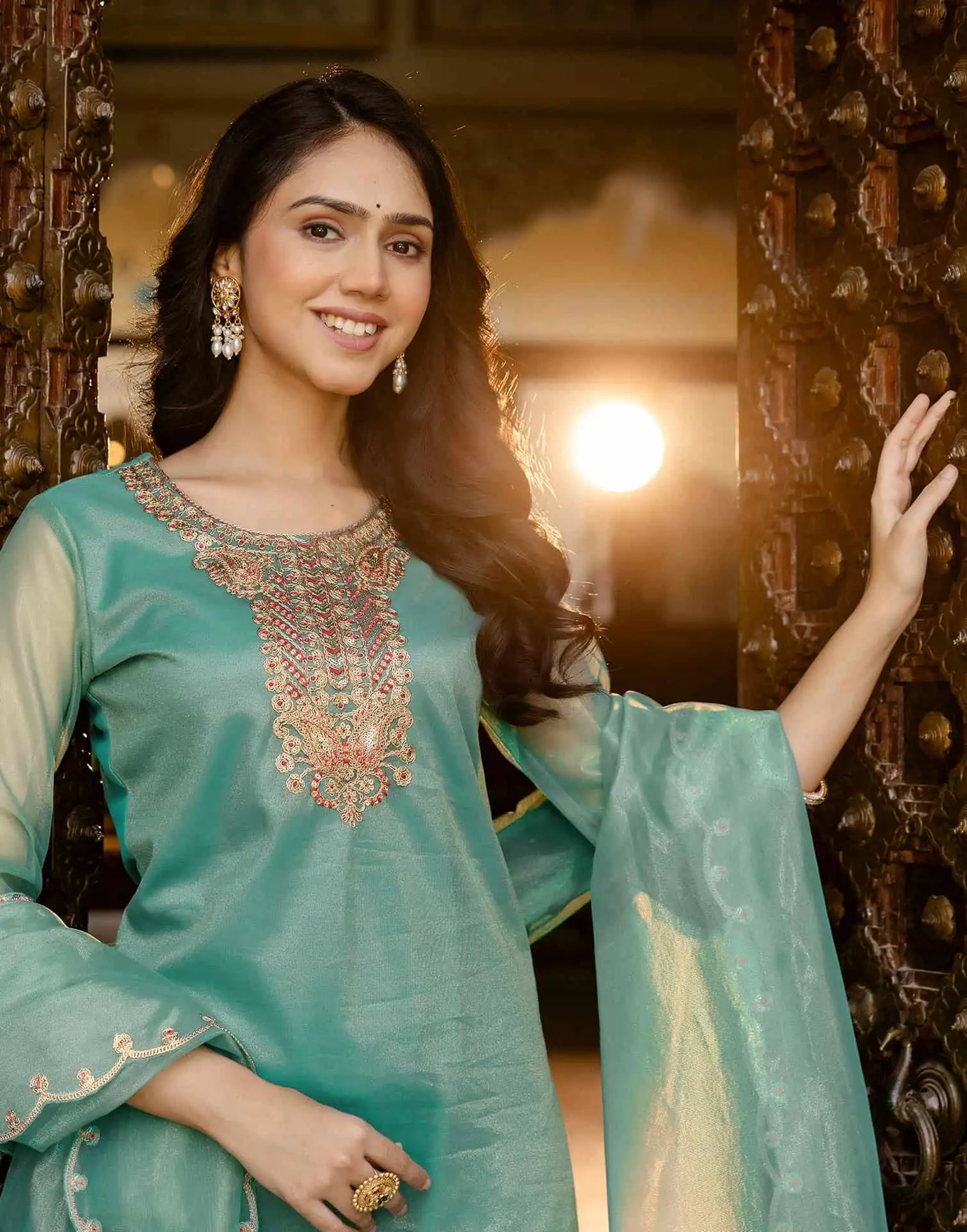 Skylee Light Green Organza Embroidered Straight Kurta Set for Women