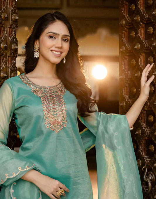 Skylee Light Green Organza Embroidered Straight Kurta Set for Women