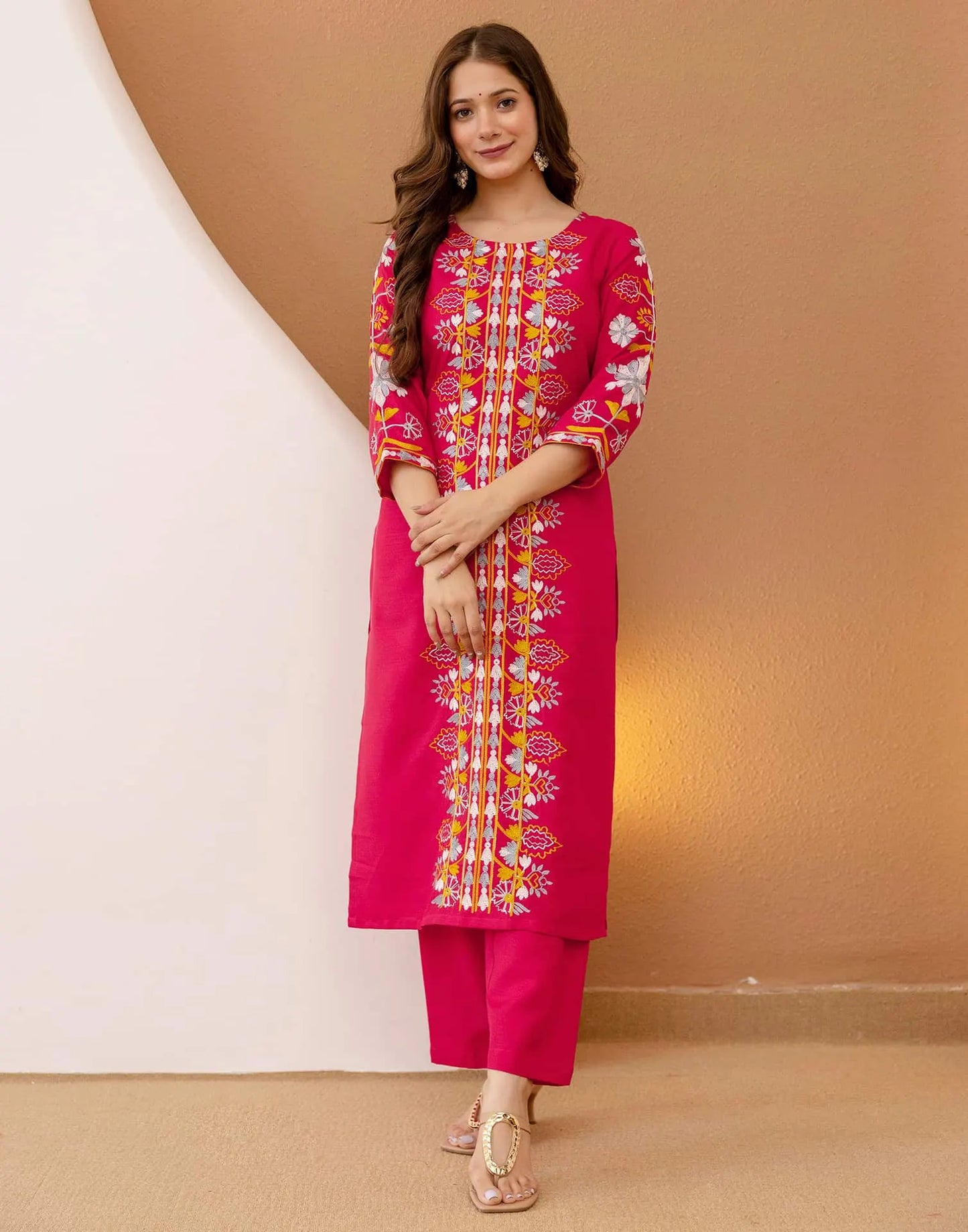 Cotton Blend Embroidered Straight Kurta with Pant & Dupatta