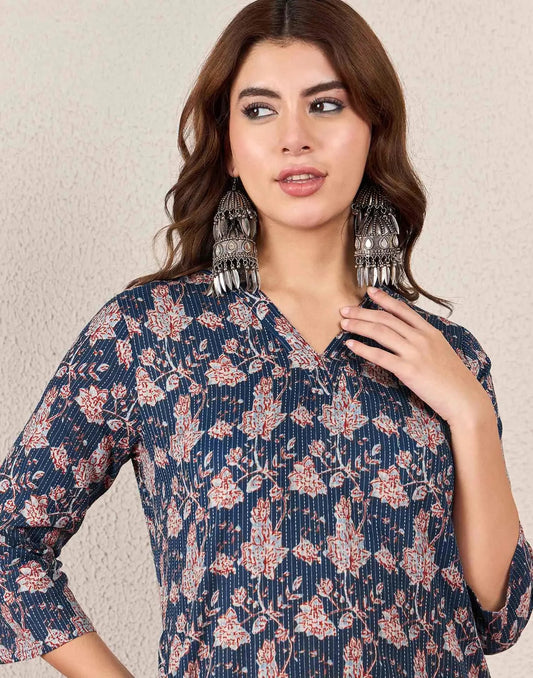 Cotton Embroidered Straight V-Neck Kurti