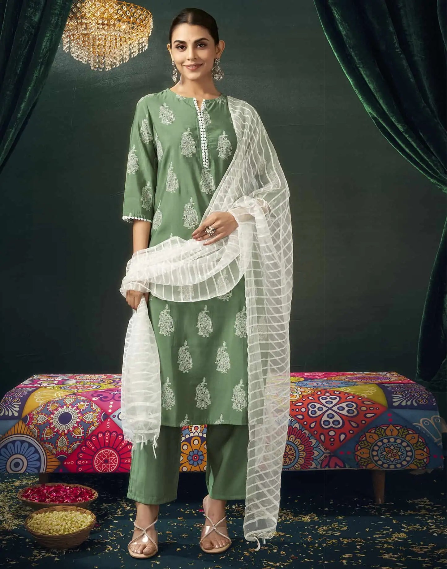 Silk Blend Printed Straight Kurta with Pant & Dupatta