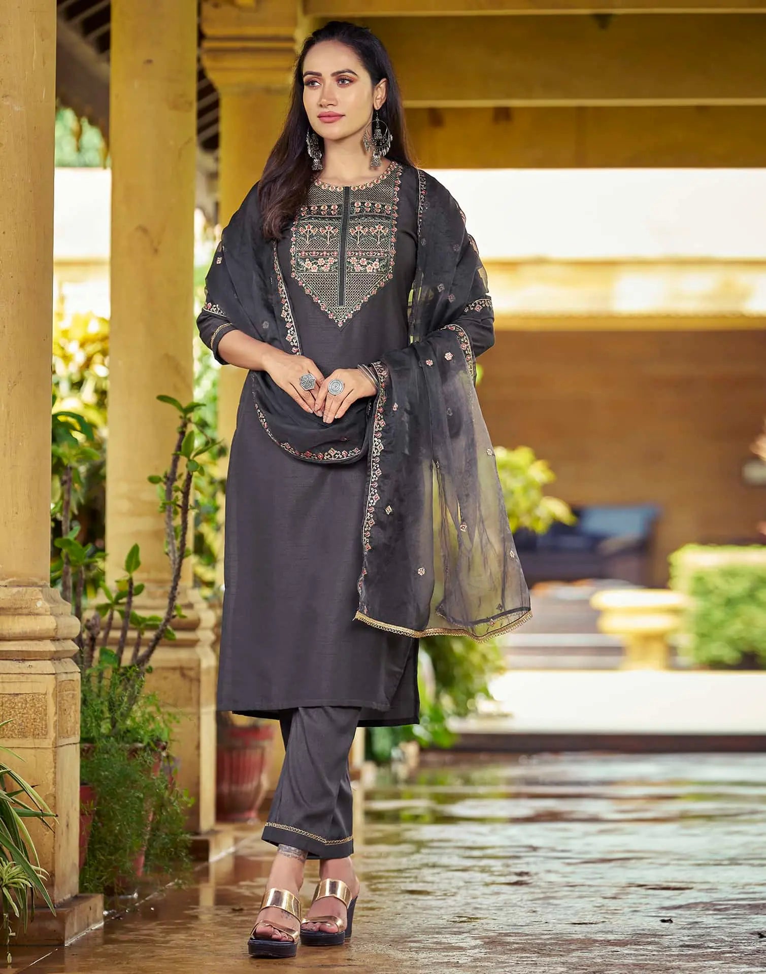 Grey Silk Sequence Embroidered Straight Kurta Set with Pant and Dupatta – Elegant Wedding & Festive Wear for Women