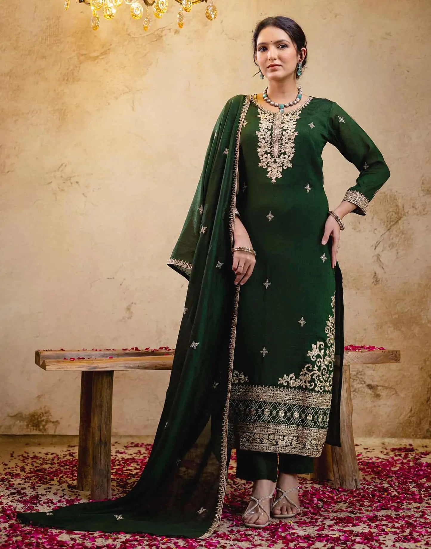 Silk Straight Embroidery Round Neck Kurta with Pant & Dupatta