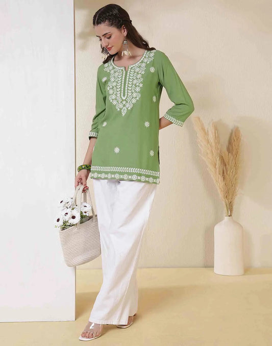 Rayon Chikankari Straight Round Neck Short Kurti